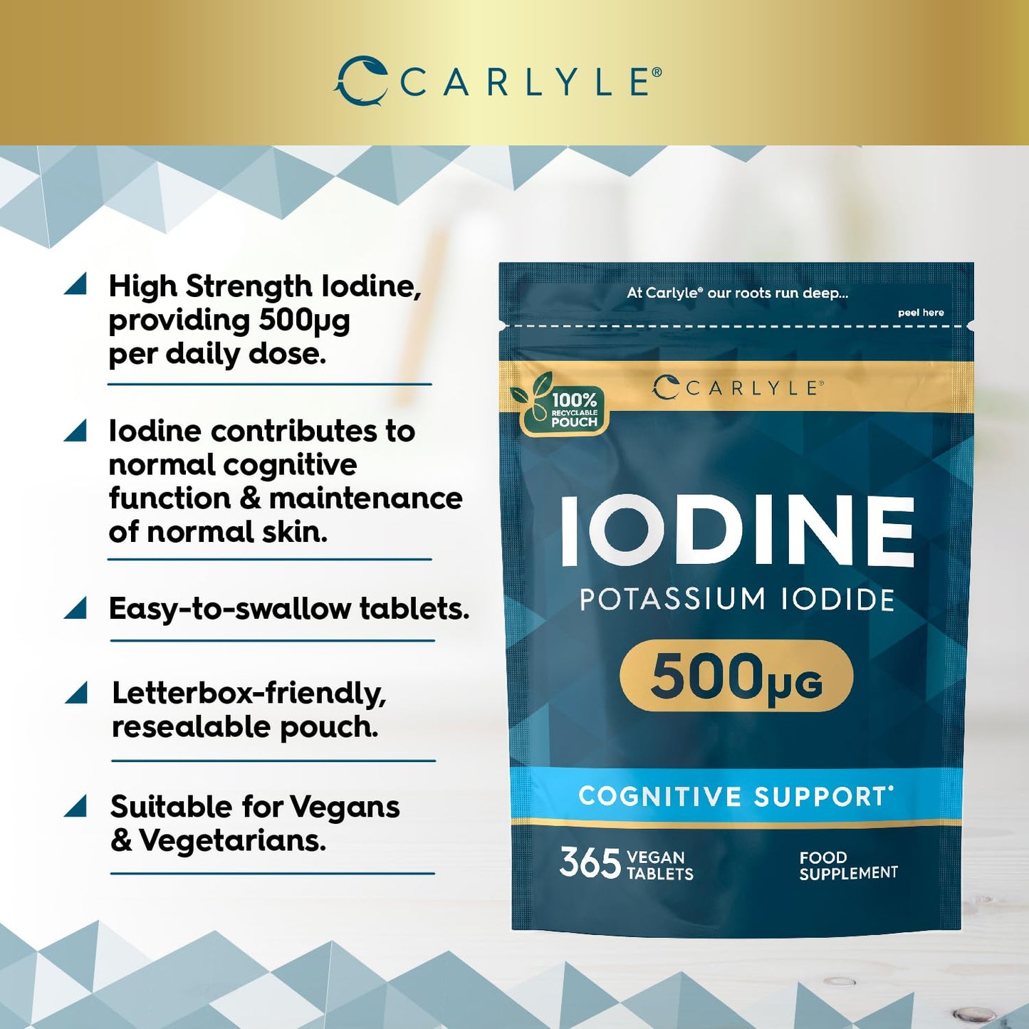 Iodine Tablets 500mcg | High Strength Iodine Supplement | 365 Vegan Tablets | by Carlyle