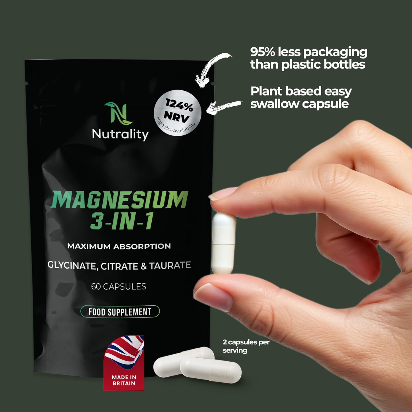 Nutrality Magnesium 3-in-1 Complex Food Supplement | 1800mg High Absorption Glycinate, Citrate and Taurate | 352mg Elemental Magnesium | Muscle, Sleep & Nerve Support | Made in UK | 60 Vegan Capsules