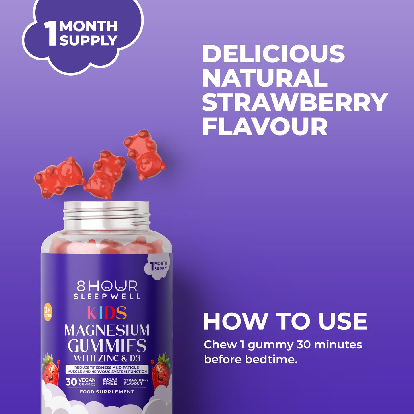 30 Chewable Sugar-Free Kids Magnesium Gummies - Strawberry Flavour - 1029mg Magnesium Citrate, Zinc & Vitamin D3 - Providing 113mg Elemental Magnesium for Kids 3+ - Calm Mind & Strong Bones - Vegan