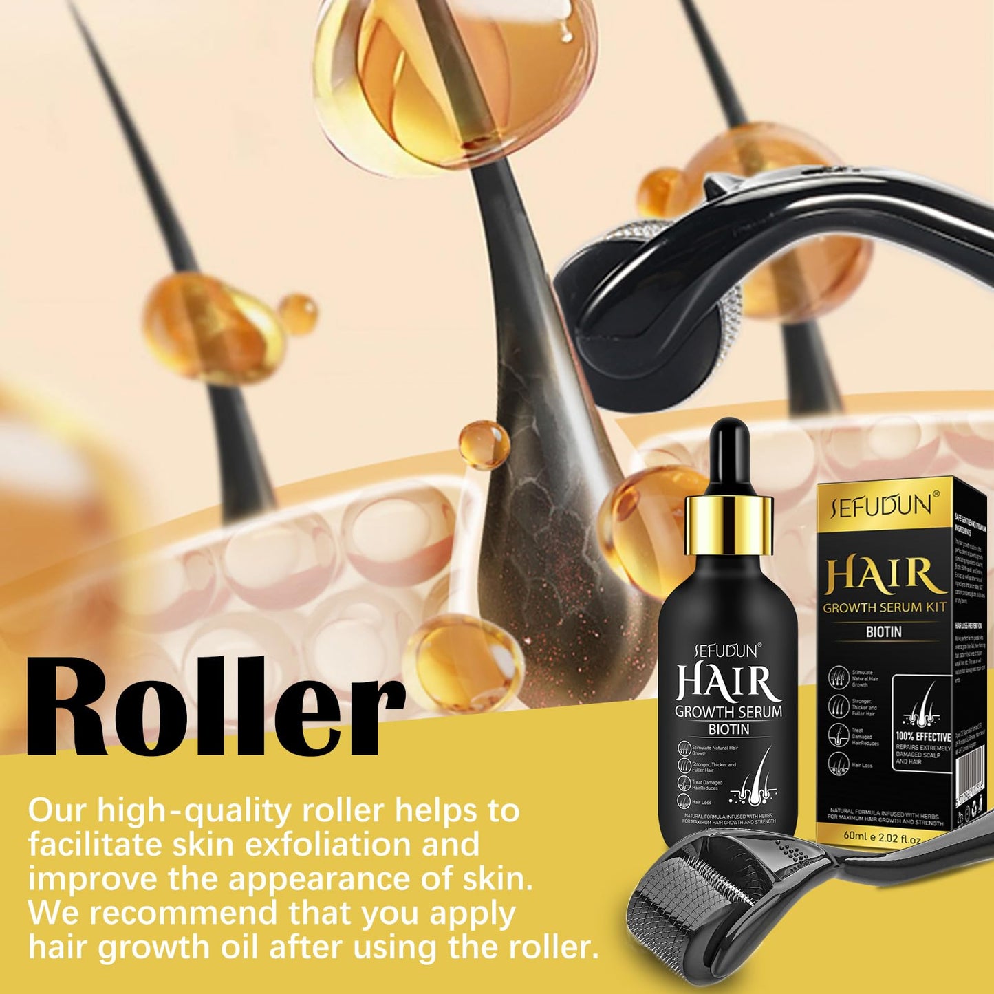 Hair Growth Serum with Biotin for Women, Beard & Hair Growth Oil for Loss Treatment, Hair Thinning, Natural Hair Growth Longer Fuller Healthier Hair, with 0.25mm Roller