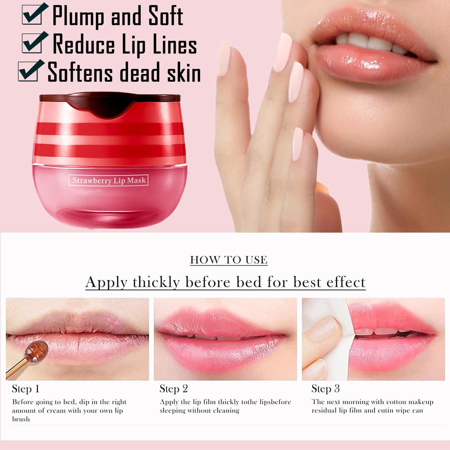 GEEWHILE Lip Mask Lip Sleeping Mask Overnight, Strawberry Lip Masks Skincare Lip Oil, Lip Moisturiser for Dry Chapped Peeling Cracked Lips Fades Lip Lines,Lip Balm Locks In Moisture Lip Care
