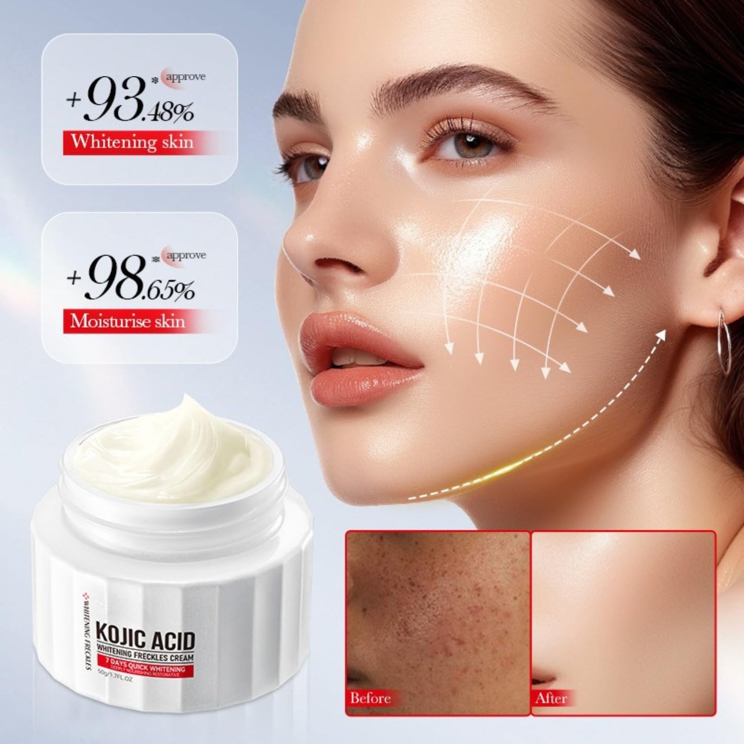 ISBEAUSOLS Kojic Acid Cream - Skin Lightening Cream for Anti Aging - Dark Spot Remover for Face - Hydrating Face Moisturiser for Dry Skin - Face Cream for Women - Anti Wrinkle Face Care, Moisturising,50g