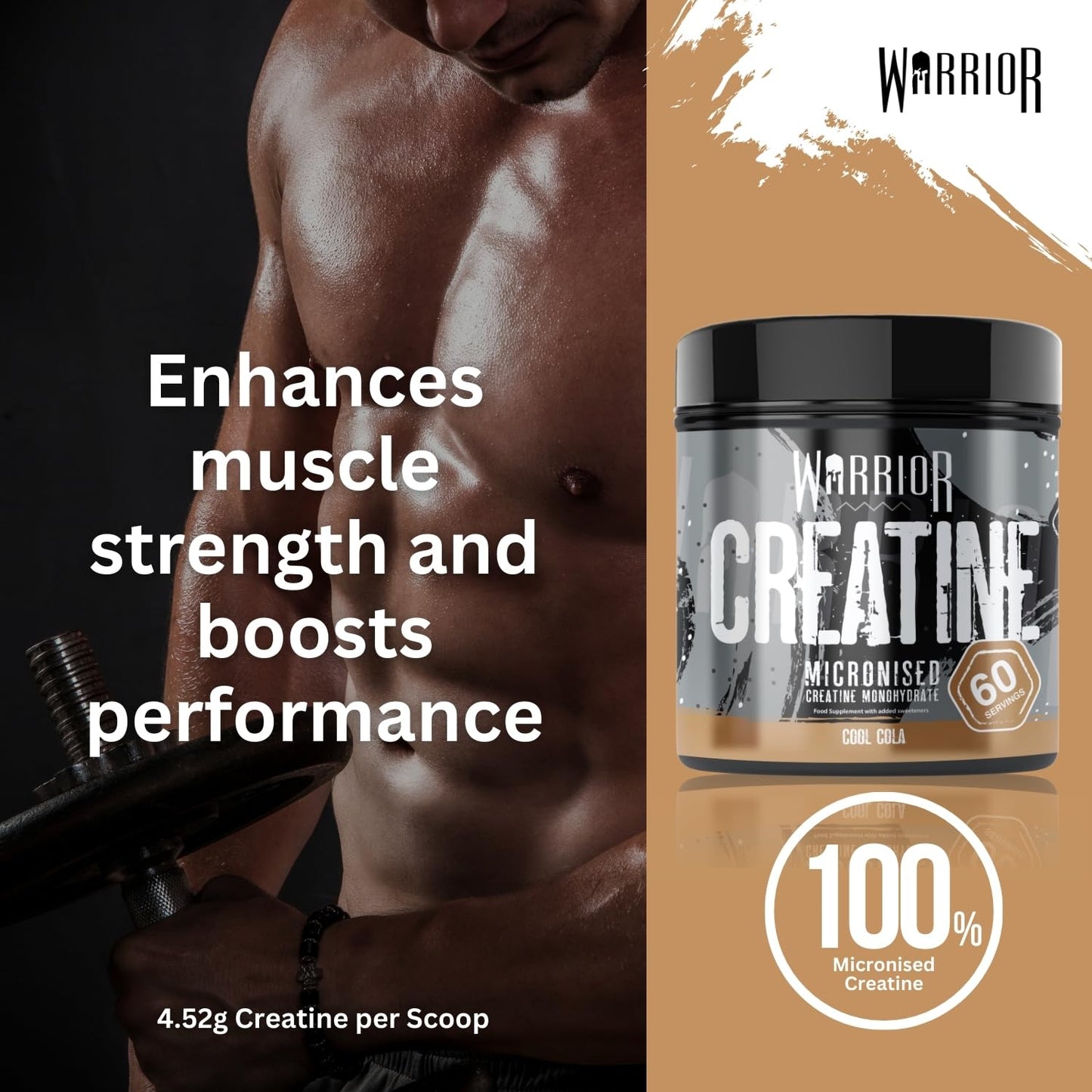 Warrior Creatine Monohydrate Powder 300g – Micronised – Proven to Improve Physical Performance and Recovery, 5g Servings (Cool Cola)