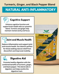 Well Daily Turmeric Curcumin 2000mg Ginger & Black Pepper Extract High-Strength Anti-Inflammatory & Joint Support Supplement, UK Made Easy to Swallow Halal Kosher Vegan Approved 120 Tablets