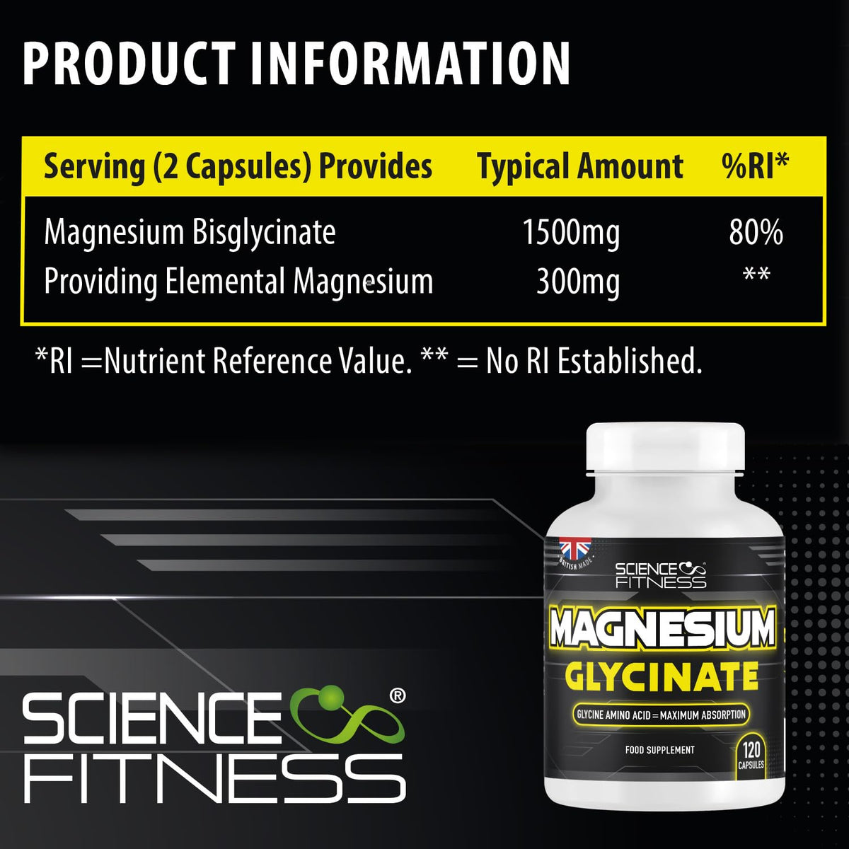 SCIENCE FITNESS Magnesium Glycinate Supplement,120 Capsules of Magnesium Bisglycinate, Maximum Absorption,1500mg per Serving, Made in The UK-Science Fitness