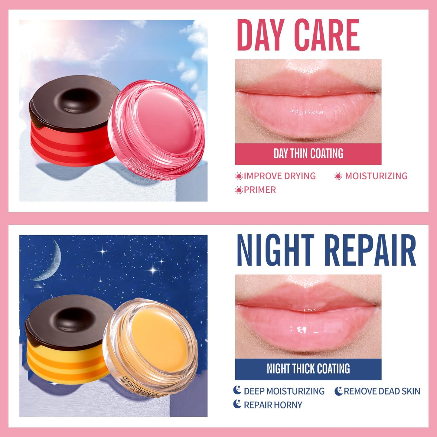 QUIWEN Honeybalm Lip Balm, Lip Mask Lip Sleeping Mask, 2 Pcs Honey+Strawberry Bee Balm, Moisturizing Skincare lip Mask for Day&Night Lip Care,Repair,Prevent Dry Crack,Lip Line Reducing