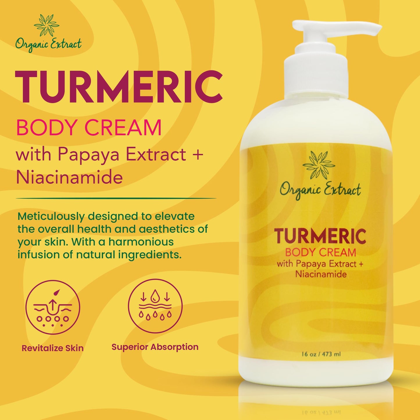 ORGANIC EXTRACT Turmeric Body Lotion - 16 fl oz / 473 ml - Deep Moisturizing, Hydrating Body Moisturizer Cream - Helps Relieve Dry Skin with Long-Lasting Moisture - With Turmeric, Papaya Extract