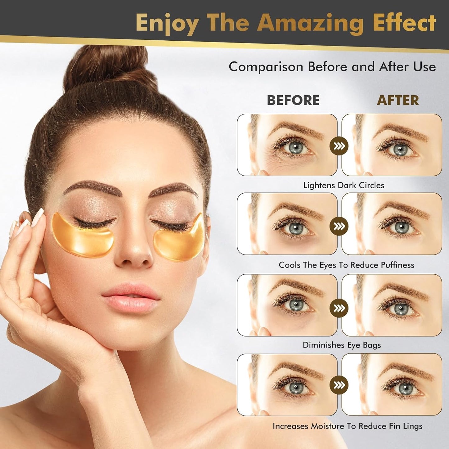 Lanboo Under Eye Gel Patches, 20 Pairs - Golden Eye Mask with Amino Acid & Collagen, Cooling Eye Care for Wrinkles, Puffy Eyes & Dark Circles, Skincare Treatment for Men & Women, USA Tested
