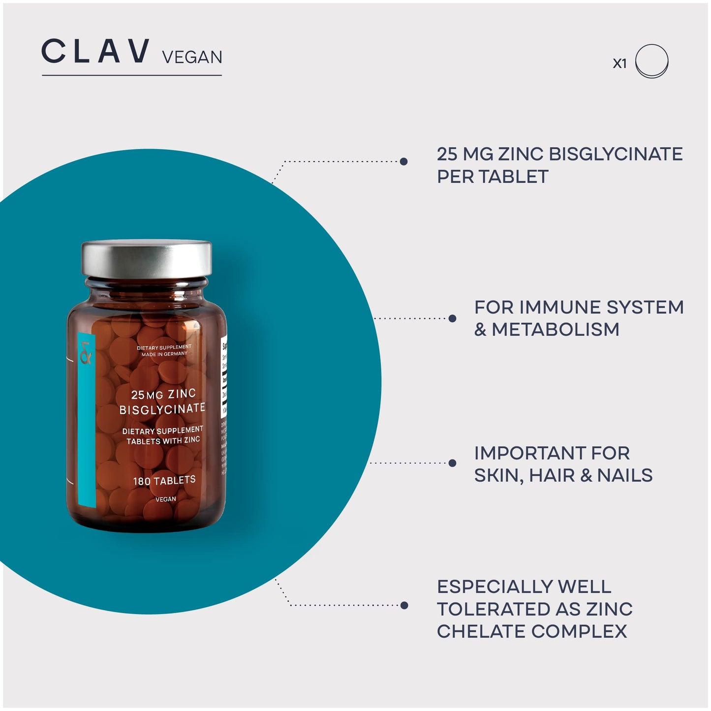 CLAV Zinc 25mg Vegan Certified - 180 Elemental Zinc Tablets in a Jar (6 Months Supply) - High Strength Zinc Bisglycinate Mineral Supplement - Supports Immune System, Hair, Skin & Nails for Women & Men