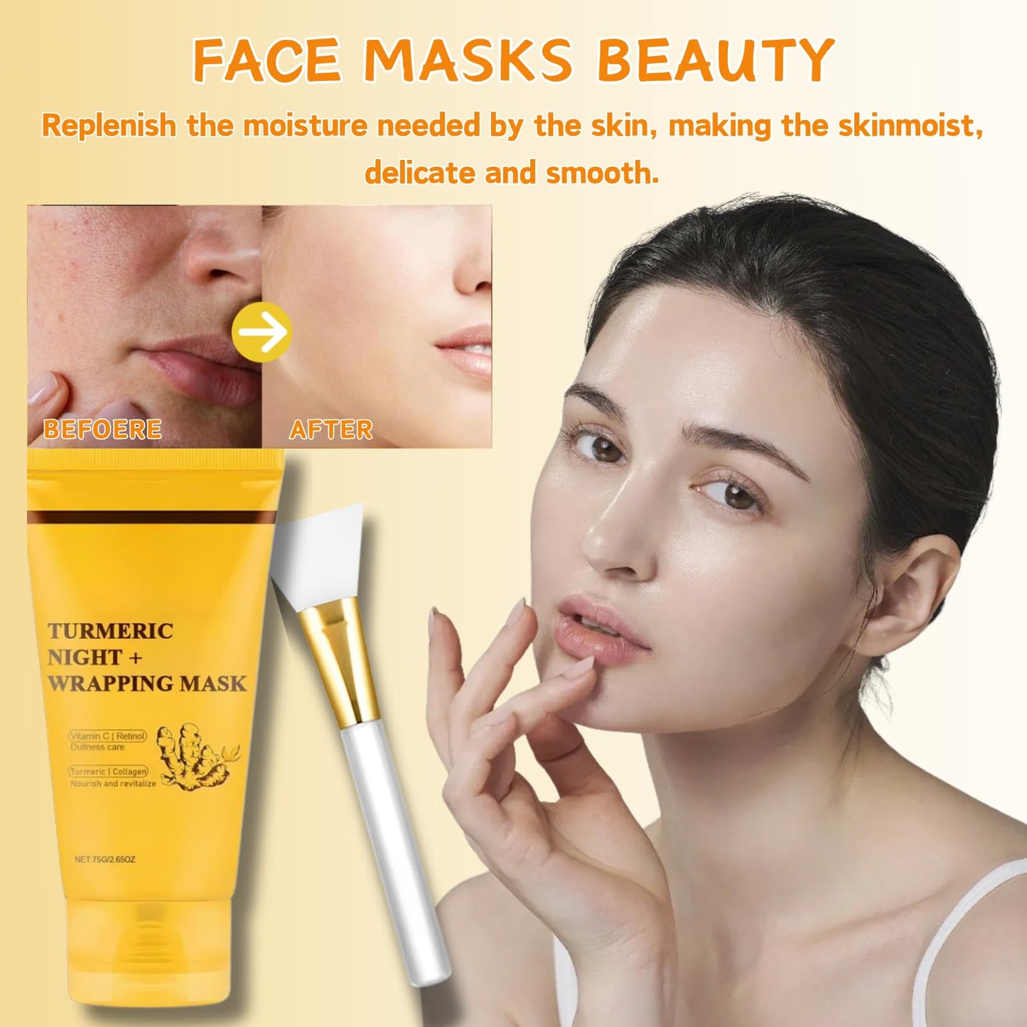 IZBEAUVO Turmeric Collagen Night Wrapping Mask - Peel Off Face Mask for Pore Tightening, Anti-Aging & Blackhead Removal with Vitamin C & Collagen Gel, Hydrating Exfoliating Gel Treat for Dull Skin.