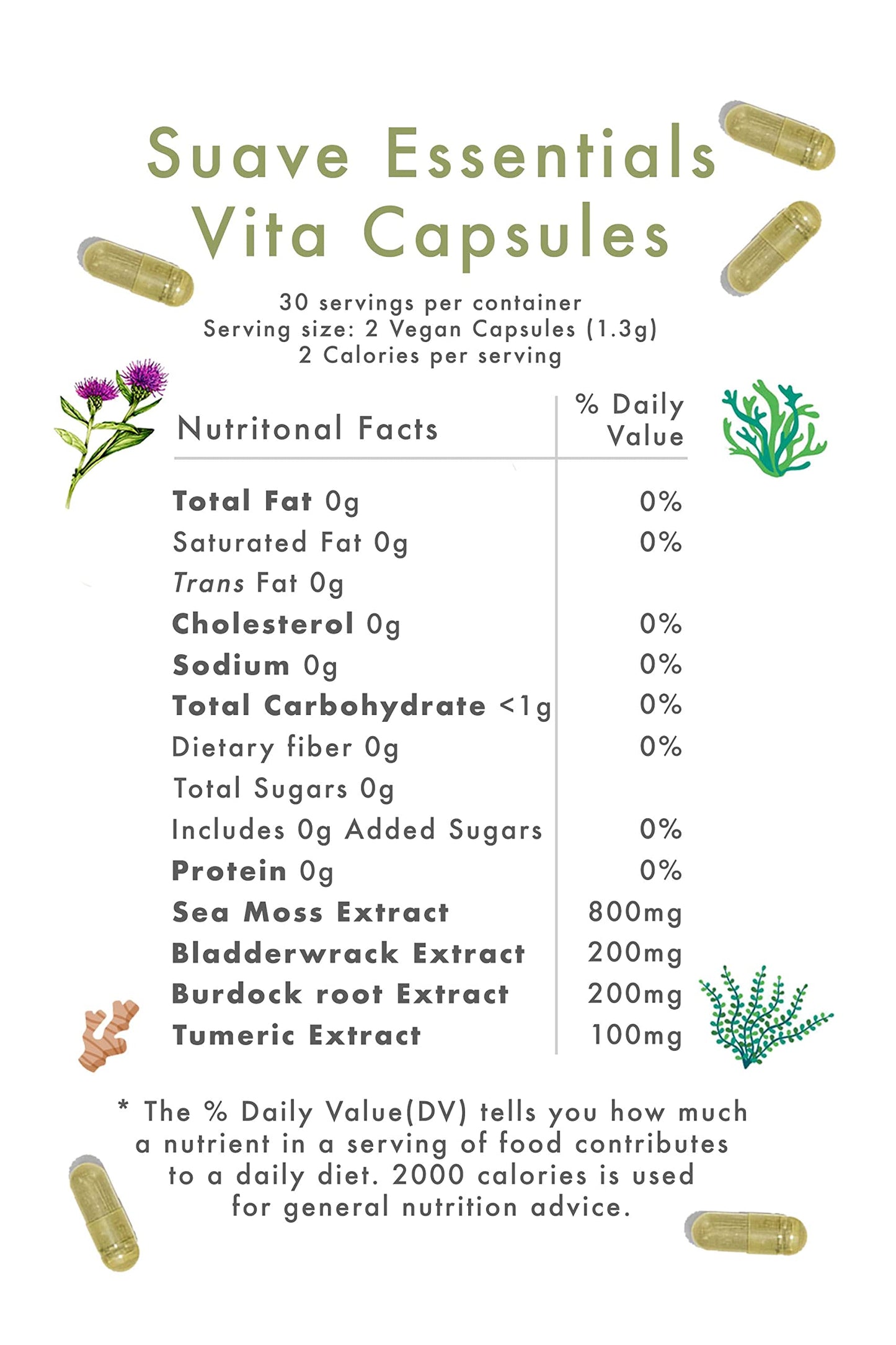 Suave Moss Lifestyle | Natural Sea Moss, Turmeric, Bladderwrack & Burdock Root Capsules | 60 Capsules | Gluten Free, Vegan, Non GMO