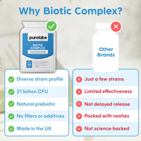 Probiotic Complex for Gut Health | High Strength Probiotic for Men and Women | 21 Billion CFU with Prebiotic | 30 Vegan Capsules | Made in The UK by Purolabs