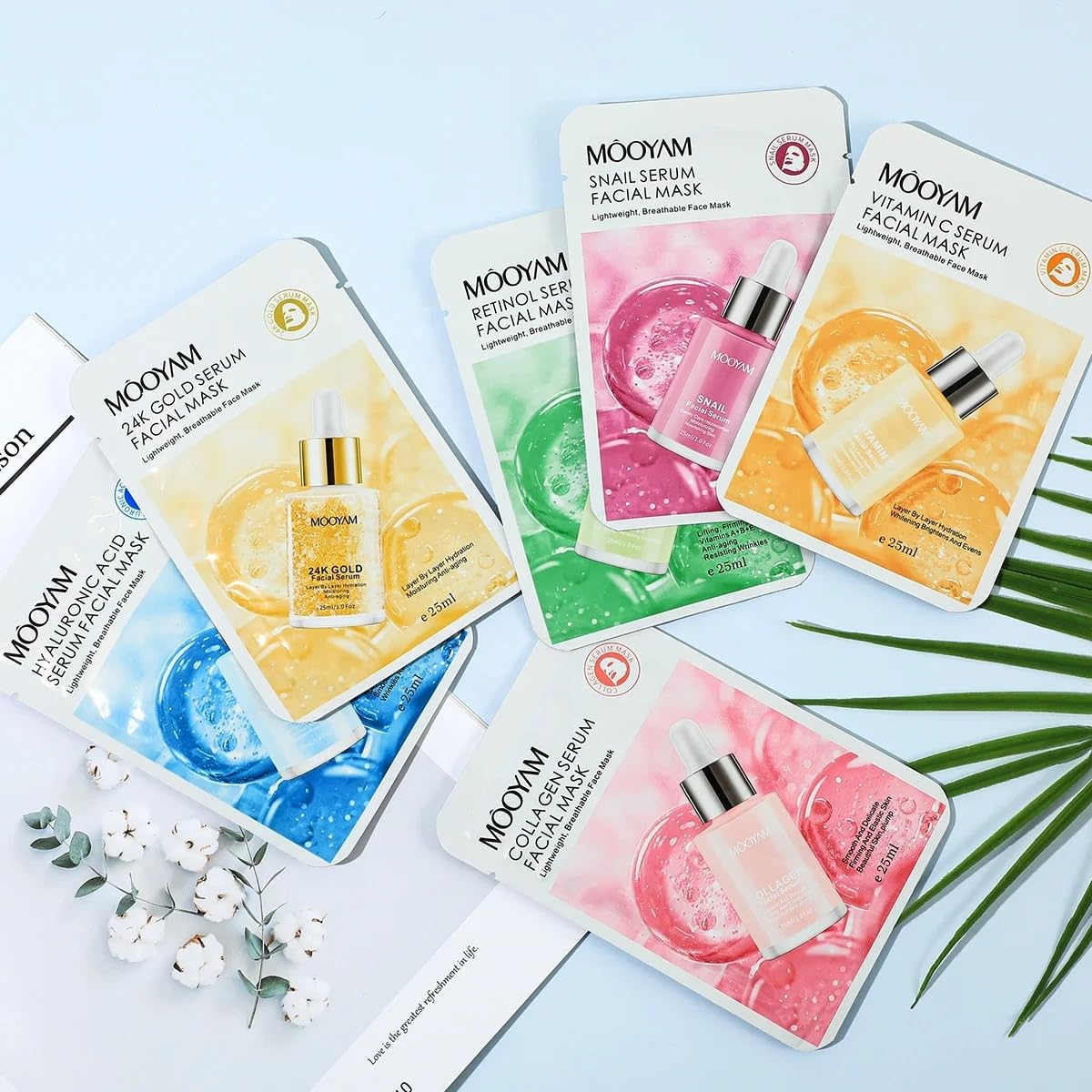 MOOYAM 6-pack Face Mask Set Collagen, Vitamin C, Retinol, Snail Serum, Hyaluronic Acid, Moisturizing Anti-Wrinkle Brightening Blackhead Remover Anti-Ageing Skin Revitalizer Acne All Skin Types
