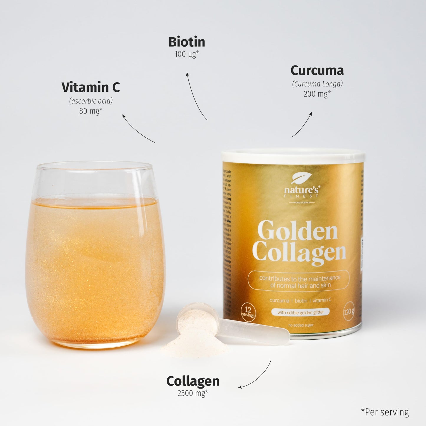 Nature’s Finest by Nutrisslim Golden Collagen 120 g - Collagen Supplements for Women with Gold Glitter - High Strength Hydrolyzed Bovine Collagen Powder Type 2 with Biotin, Vitamin C and Curcuma