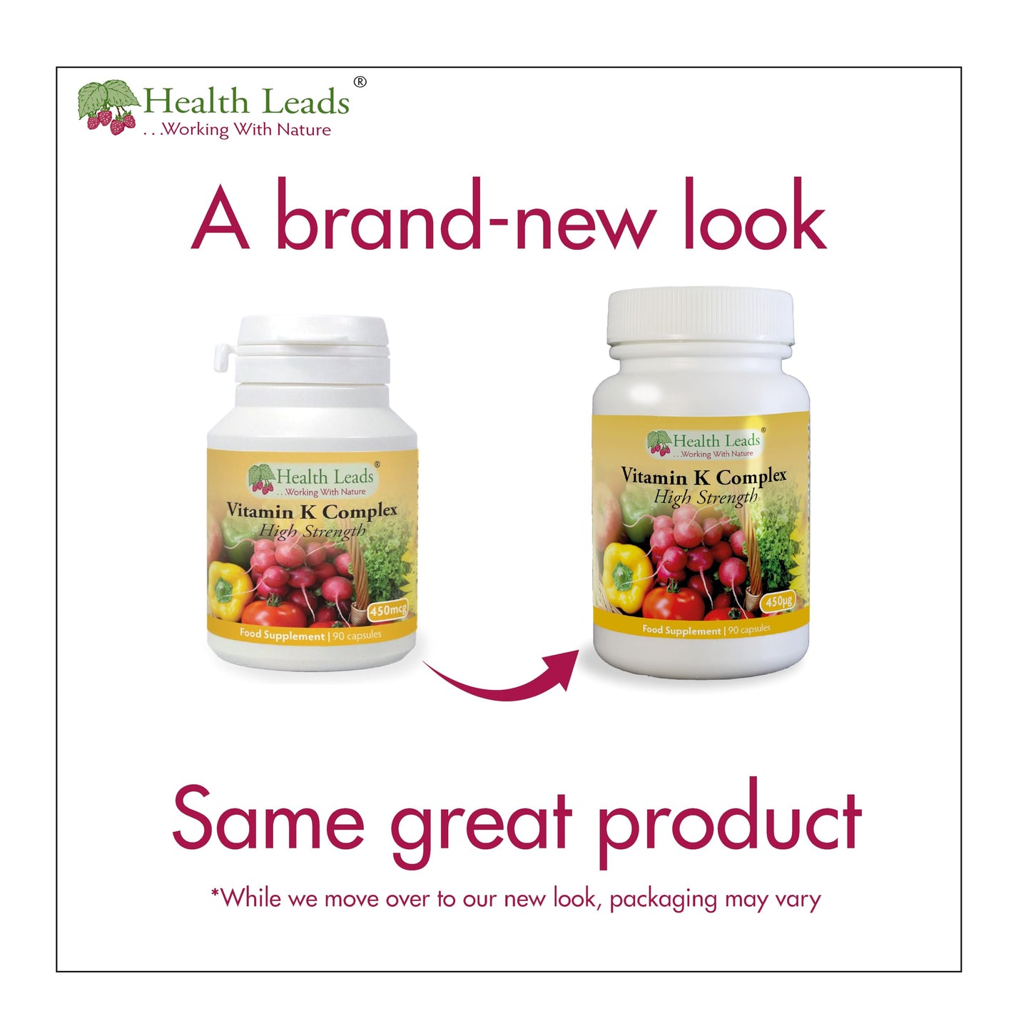 Health Leads ...Working With Nature Vitamin K Complex High Strength Food Supplement 450µg x 90 Capsules, Magnesium Stearate Free, Vitamin K contributes to the Maintenance of Normal Bones & Normal Blood clotting, Made in Wales
