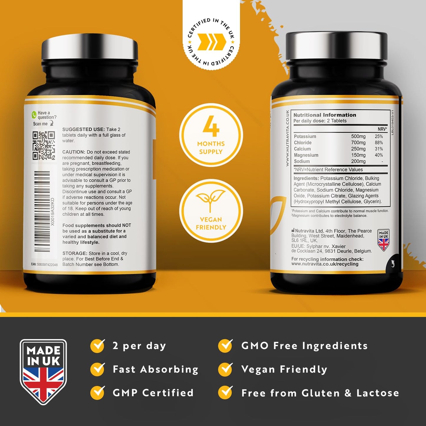 Electrolyte Complex - High Strength Tablets with Added Magnesium, Potassium & Calcium - Muscle Function and Electrolyte Balance - 240 Vegan Tablets - No Synthetic Binders - Made in The UK by Nutravita