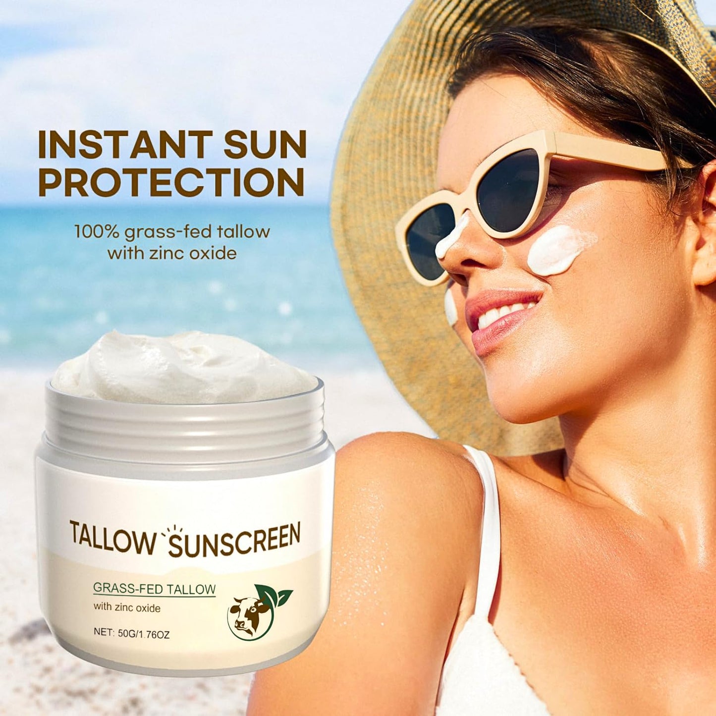 IZBEAUVO Tallow Sunscreen with Zinc Oxide, 100% Grass Fed Beef Tallow Moisturiser & Non Nano Zinc Oxide Sunscreen, Organic Sunblock, Non Greasy Natural Formula, Suitable for Dry Sensitive Skin, Fresh Scent