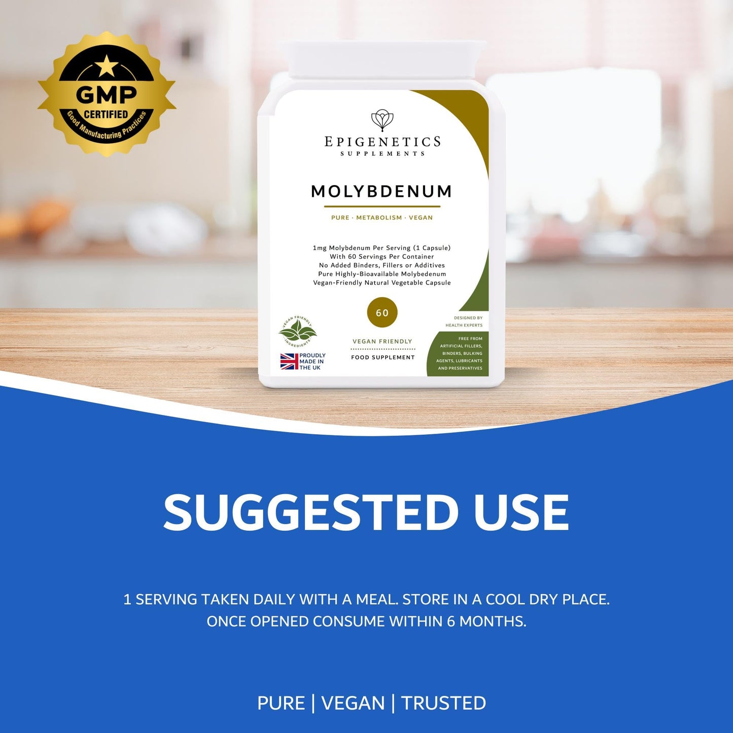 Molybdenum Capsules | Highly Bioavailable Supplement | 60 Capsules, Long 2-Month Supply Without Fillers, Binders or Additives | 1mg Potassium Molybdate Per Serving | Made in The UK & Vegan Friendly