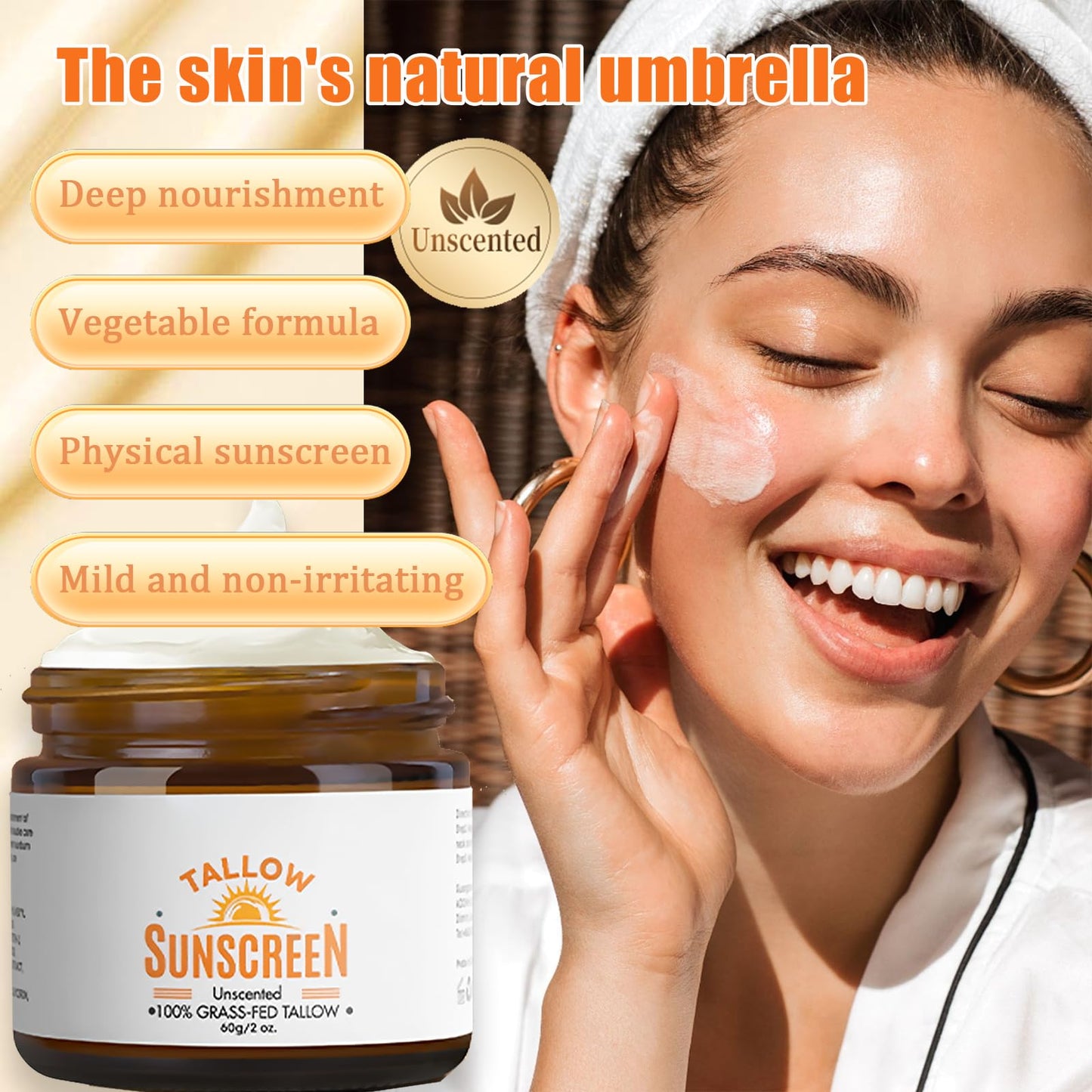 OKAQEE Beef Tallow Sunscreen Spf 50+, Face Sun Cream 100% Grass Fed Tallow, Tallow Balm Instant Sun Protection, Spf 50 Face Moisturiser, Sweat & Water Resistant - Unscented & Invisible
