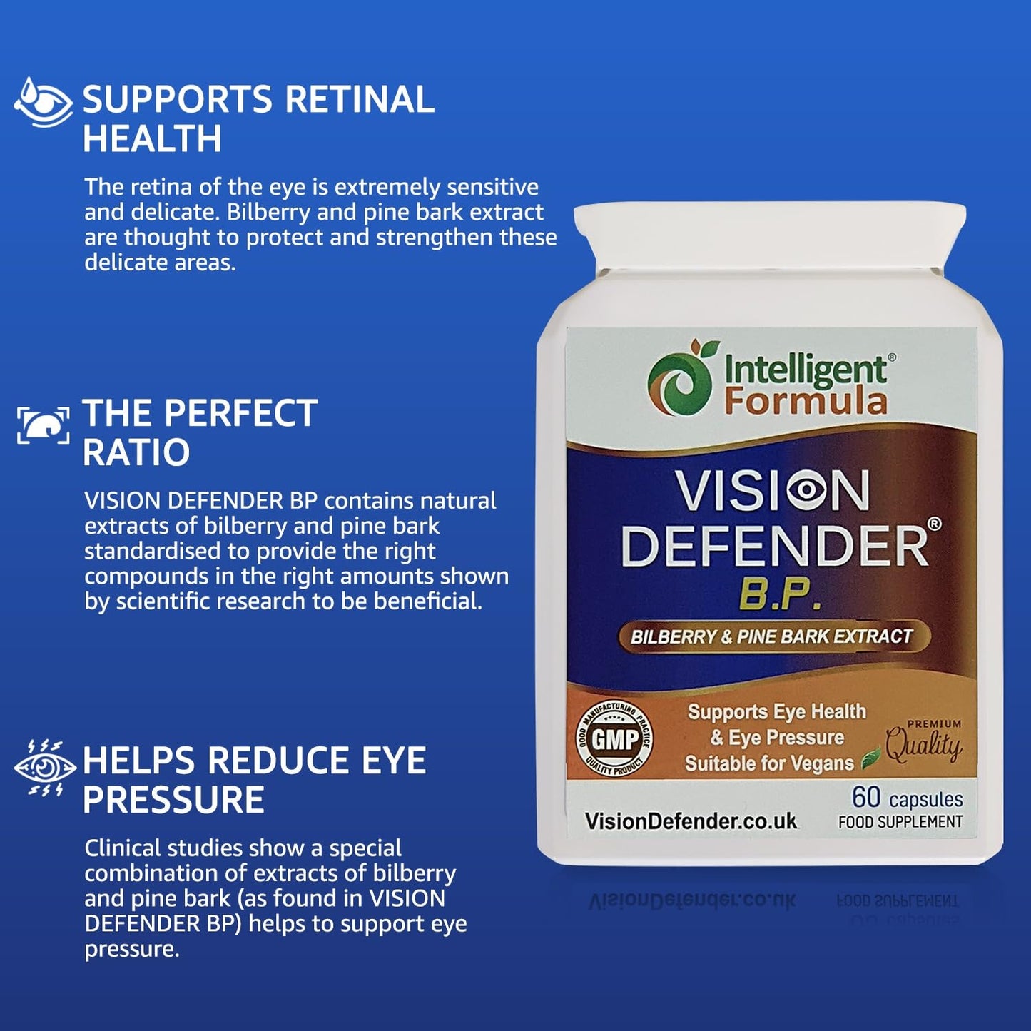 Intelligent Formula Vision Defender BP Eye Health Supplement – Eye Pressure, Circulation & Retinal Support – Plant-Based Natural Bilberry & Pine Bark Extracts Packed with Antioxidants – 60 Vegan Capsules – Made in UK
