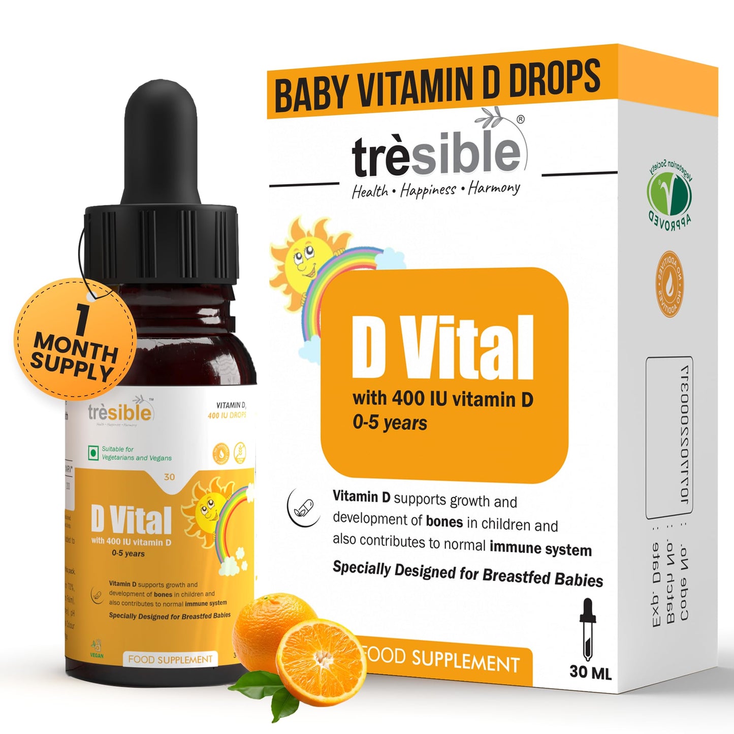 Tresible Baby Vitamins D3 Drops (1 Month Supply) - Breastfeeding Vitamins for Babies to Develop Strong Bones, Muscles & Teeth - Vegan Vitamin D Drops Baby Newborn to 5 Years - 30ml Baby Immune Support