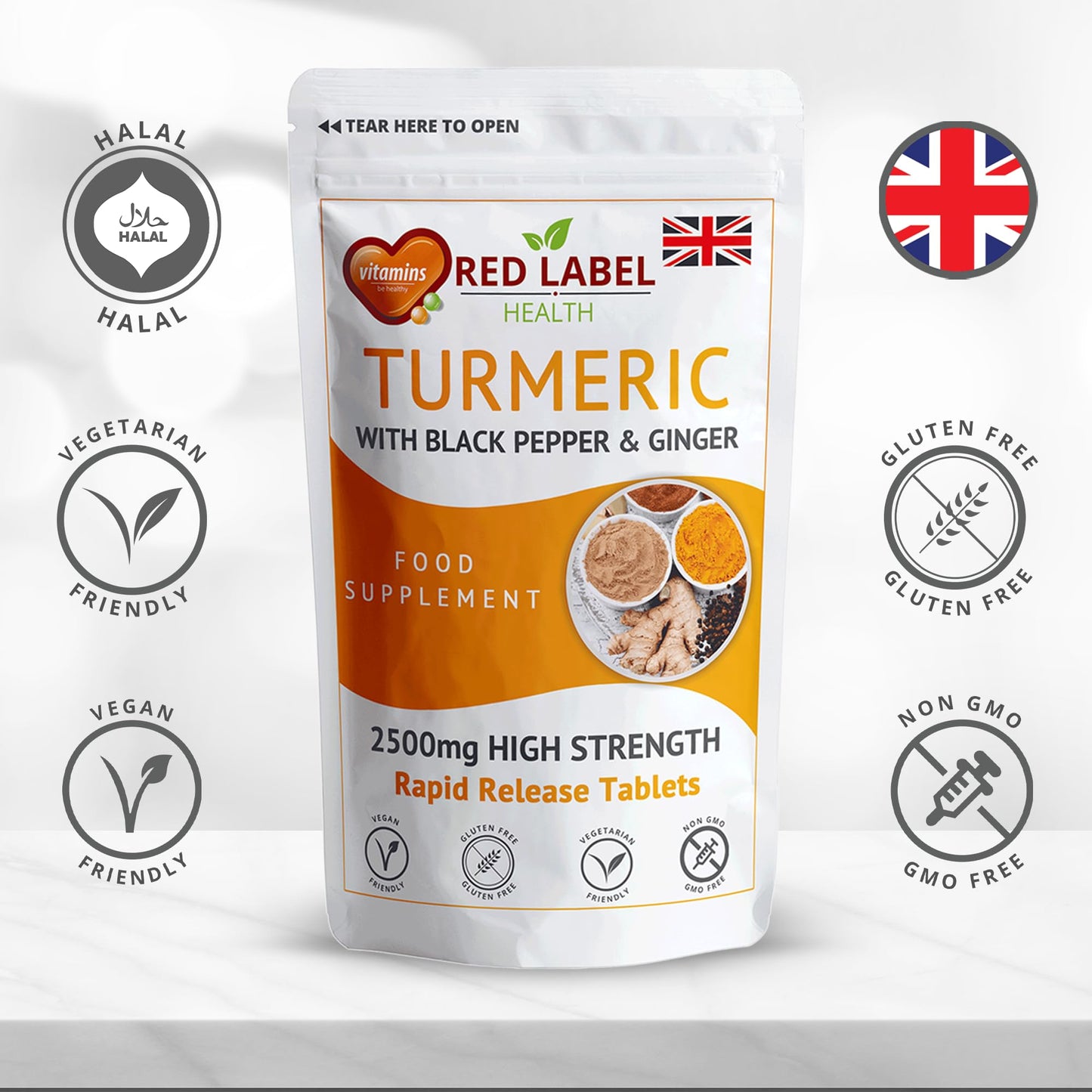 Red Label Health Turmeric Tablets 2620 mg with Black Pepper & Ginger, 400 Count High Strength Curcumin Supplements, Not Turmeric Capsules, Vegan and Gluten Free, UK Made