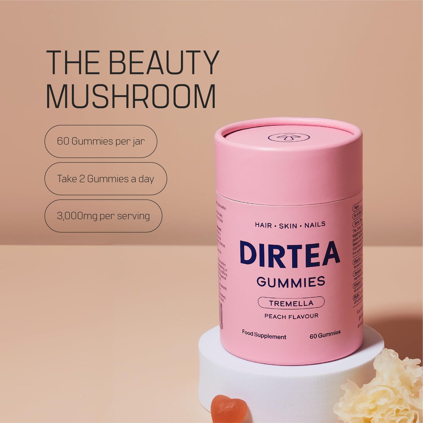 DIRTEA 60 Tremella Mushroom Gummies with Biotin & Vitamin C | Hair, Nail & Skin Supplement (1 Month's Supply) | 3,000mg / Serving | Vegan, Natural & Sugar Free | 60 Gummies - Peach Flavour