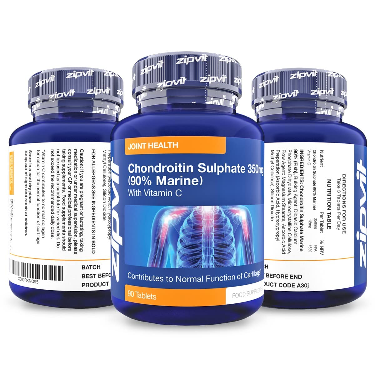 Chondroitin Sulphate 350mg with Vitamin C, 90 Tablets. 90% Pure Marine Chondroitin. Supports Collagen Formation and Cartilage Function.