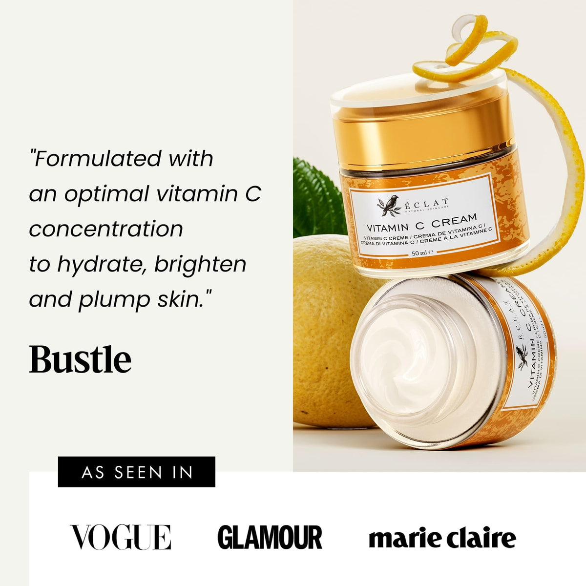 Eclat Skincare Vitamin C Moisturizer for Face with Hyaluronic Acid & Squalane - Face Brightening Cream - Anti Aging, Firming & Hydrating Vitamin C Cream for All Skin Tone 50 ml