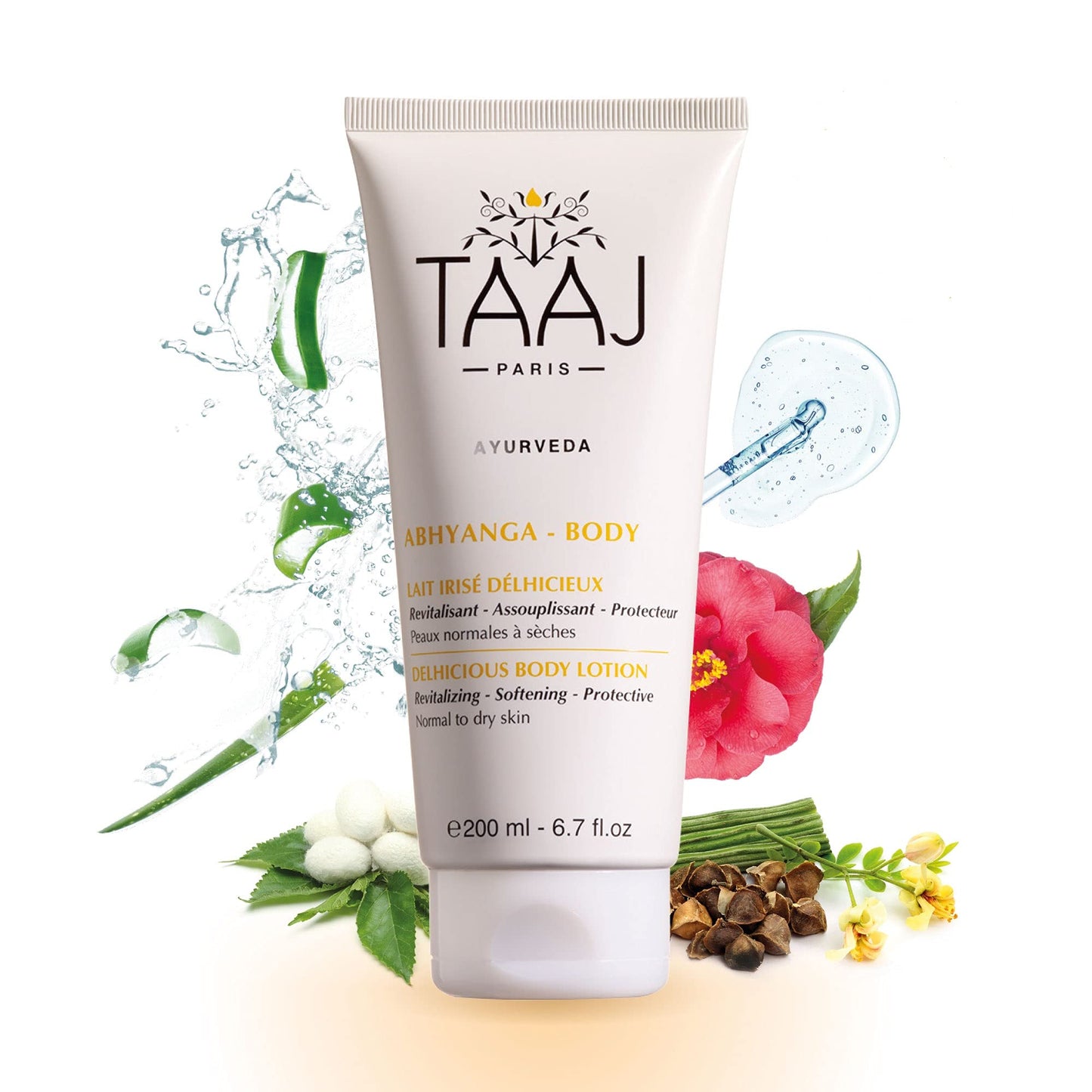 TAAJ | Lait Irisé Delhicieux | ABHYANGA | Hydrates, Protects & Softens | For supple, shower and refreshed skin | No Greasy Effect | 96% ingredients of natural origin | Cruelty Free | 200ml