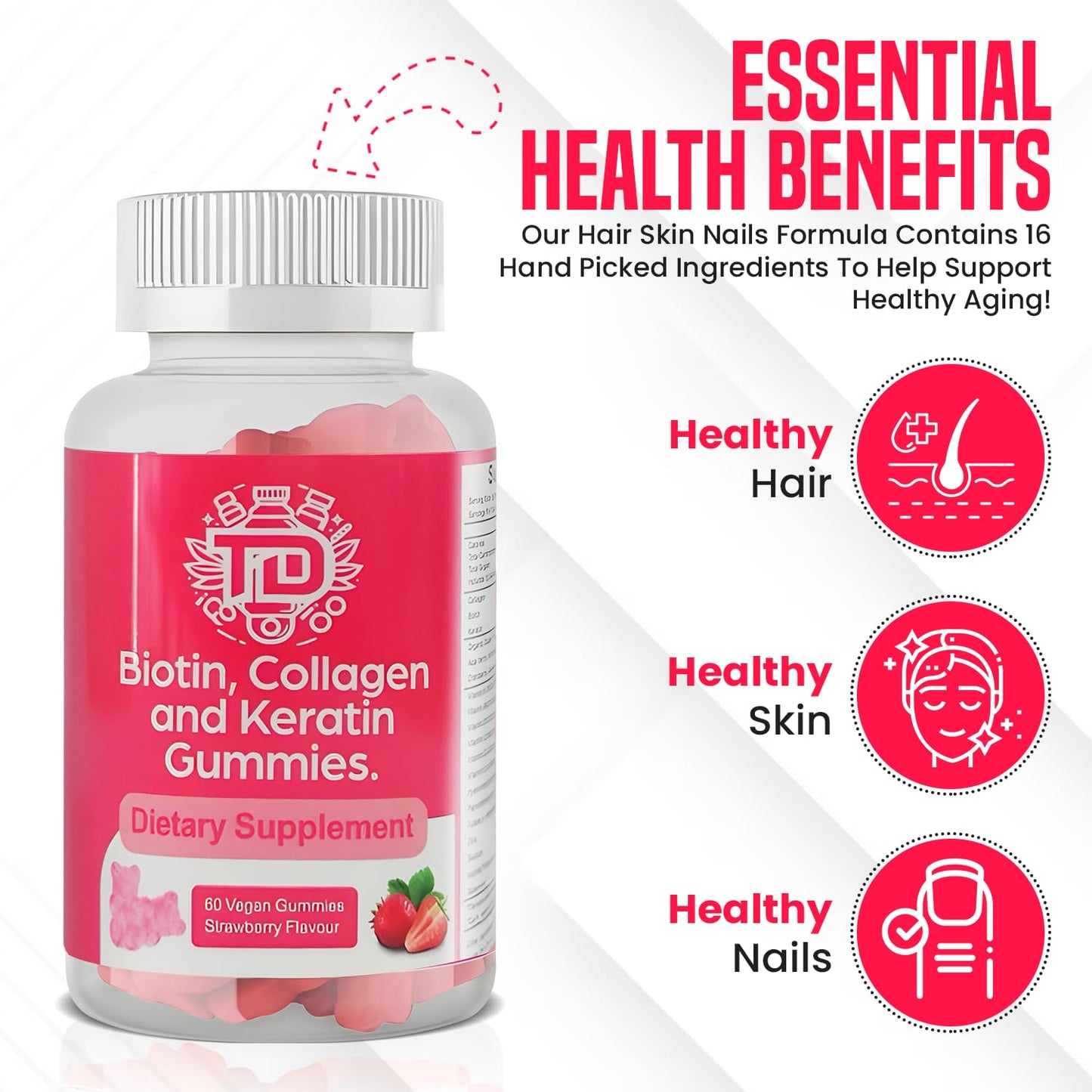 Biotin, Collagen and Keratin Gummies, Vitamins A, B6, B12, C, D, E | Supports Healthier Hair, Skin, Nails - 60 Vegan Strawberry Flavoured Gummies