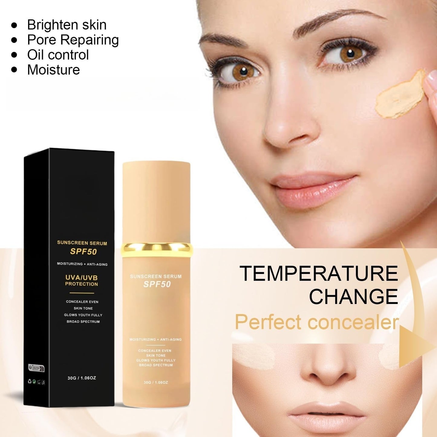 Jinjiar 4 in 1 Moisturizing Full Coverage Liquid Foundation,Sunscreen Serum Spf 50 Foundation,Color Correcting Primer with Spf 50+,Skin Tint Foundation,Face Suncream,Found-ation Matte,Waterproof Found-ation