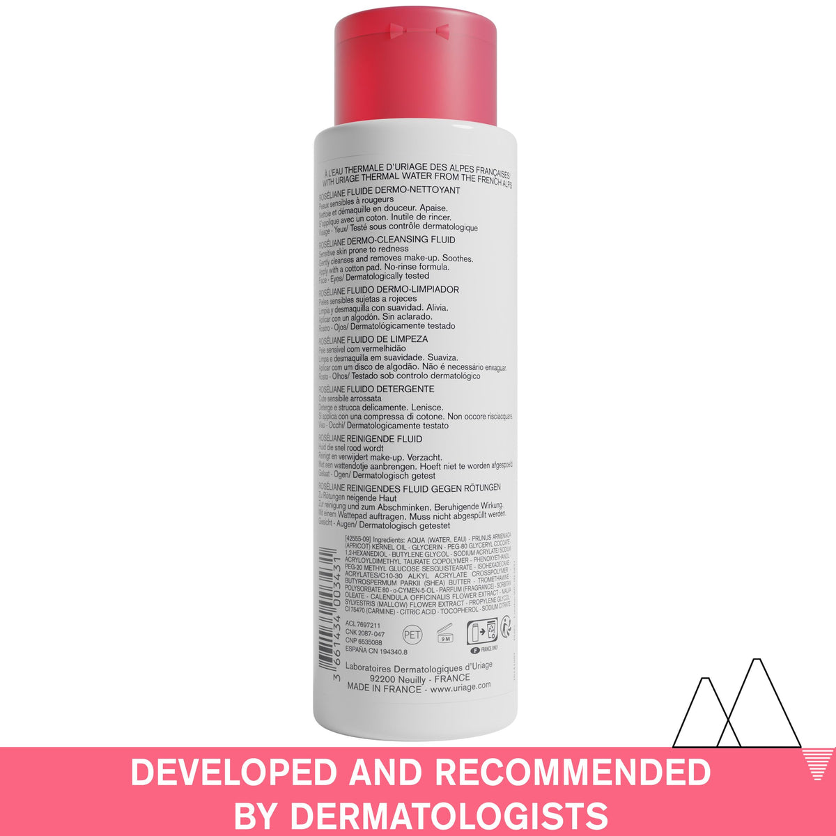 Uriage Roséliane Anti-Redness Dermo-Cleansing Face & Eyes Fluid 250ml - Fresh Milky Make-up Remover For Sensitive Skin Prone to Redness - Instant Relief & Long-Lasting Comfort - Non-Comedogenic