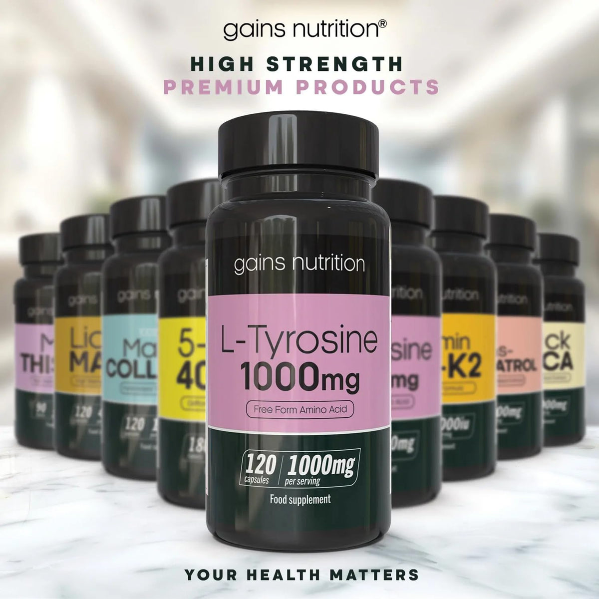 Gains Nutrition GN L Tyrosine | 120 High Strength L-Tyrosine Capsules - 1000mg Tyrosine per Serving | L-Tyrosine Supplement | Non-GMO, Gluten & Allergen Free | Made in The UK