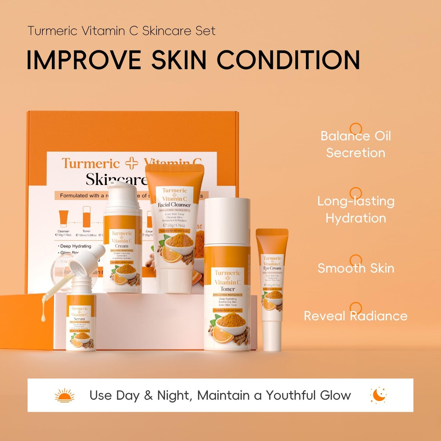 Weixinbuy Turmeric Vitamin C Skincare Set, 5 In 1 Women Gift Set Turmeric Face Cleanser Toner Serum Eye Cream and Face Cream, Even Skin Tone Anti Aging Skincare Gift Set (Turmeric + Vitamin C)