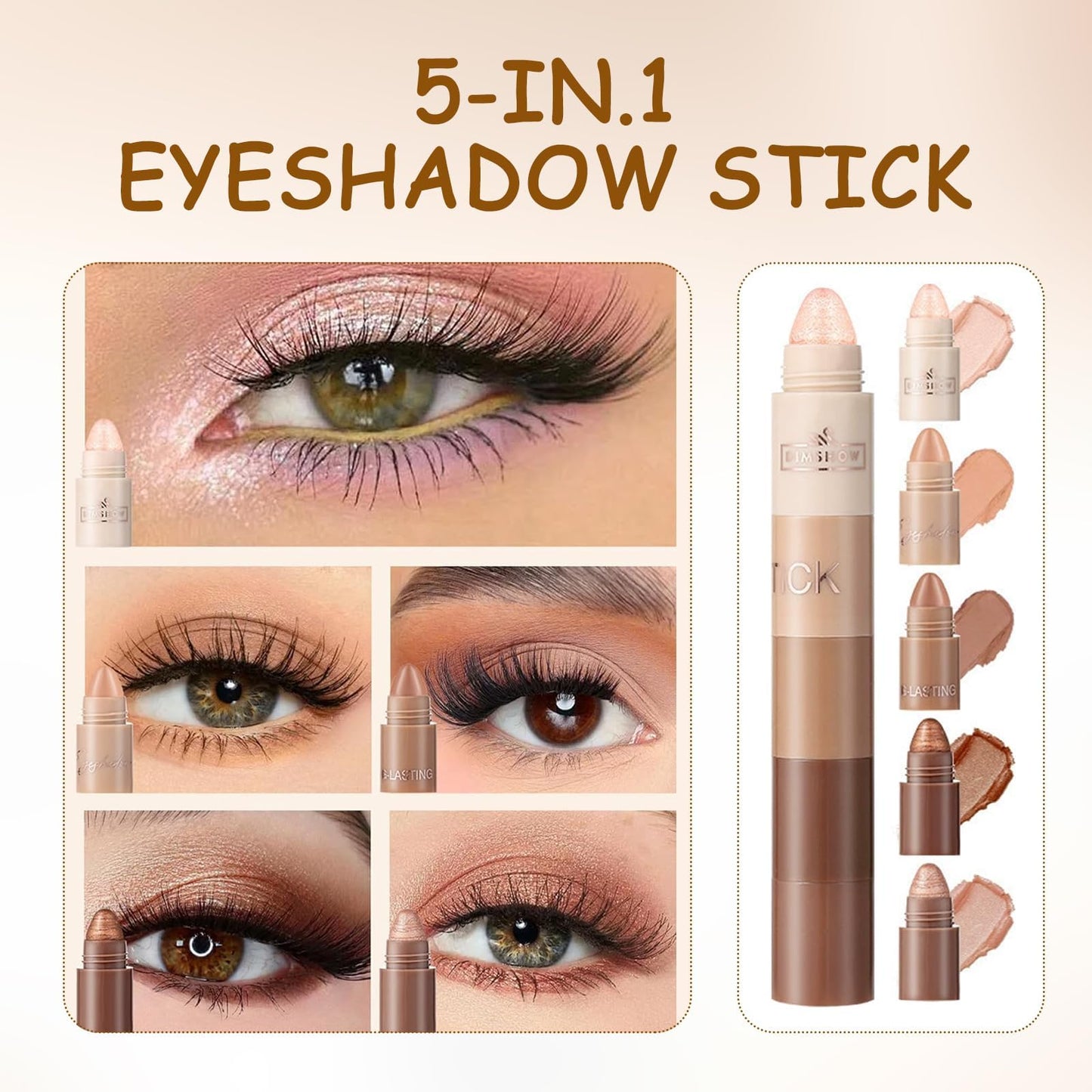 ExcellaElite Eyeshadow Stick,5 Color Cream Eyeshadow Pencil Metallic Eye Shadow Stick Pen Shimmer Cream with 4-in-1 Brush for Women's Face and Eyes Makeup