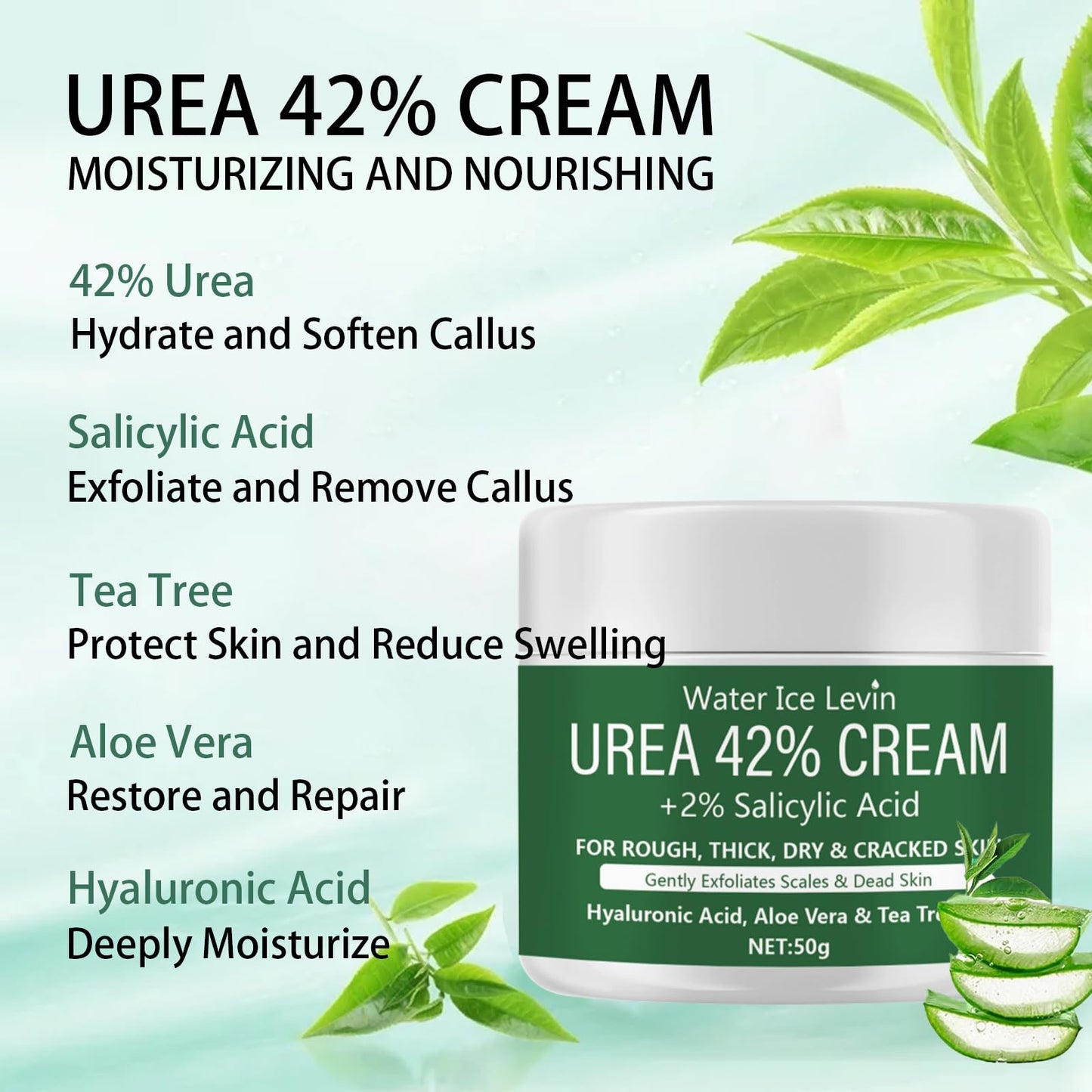 CTUBLIAUNX 42% Urea Cream, Urea Foot Cream Deeply Moisturizing, Foot Cream for Cracked Heels and Dry Skin with Hyaluronic Acid, Aloe Vera & Tea Tree Oil