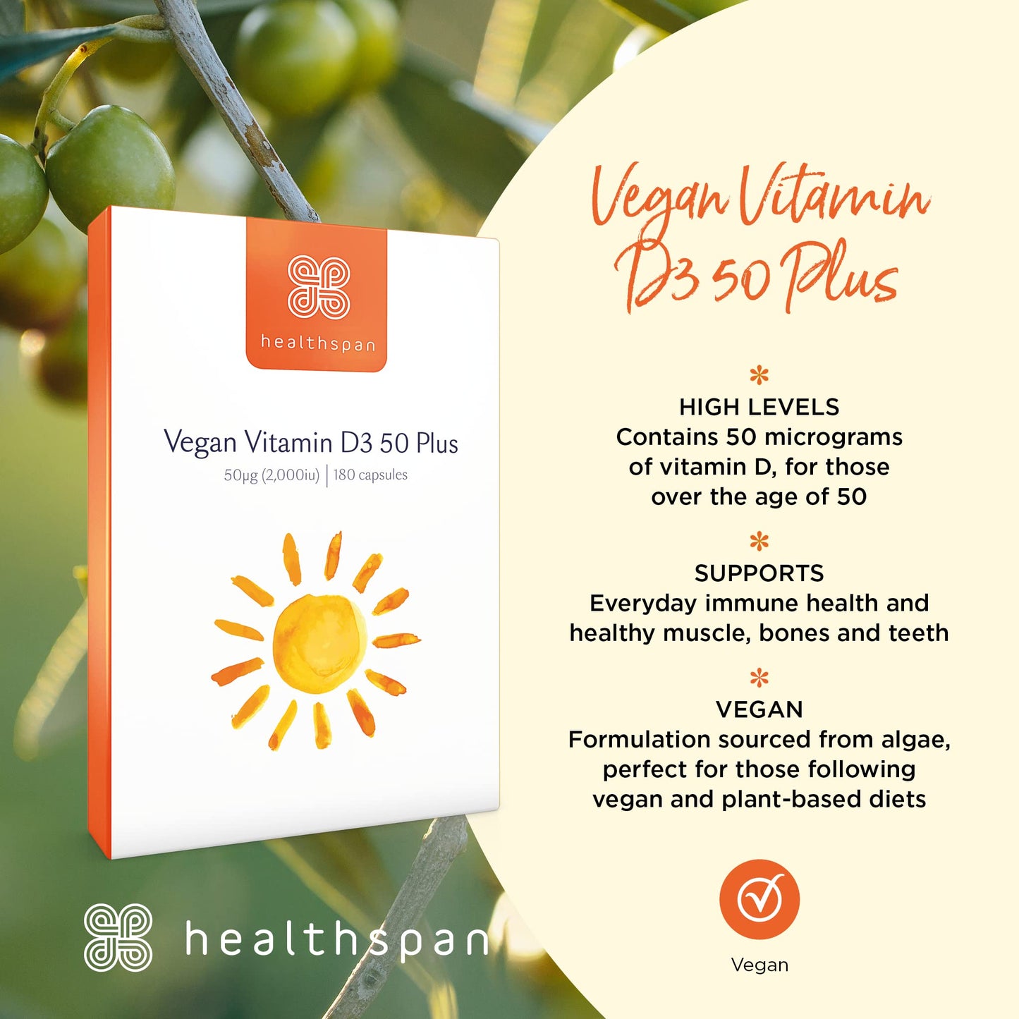 healthspan Healthspan Vegan Vitamin D3 50 Plus | 180 Capsules | 50 Micrograms of Vitamin D | Healthy Muscle, Bones & Teeth | Immune Support