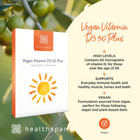 healthspan Healthspan Vegan Vitamin D3 50 Plus | 180 Capsules | 50 Micrograms of Vitamin D | Healthy Muscle, Bones & Teeth | Immune Support
