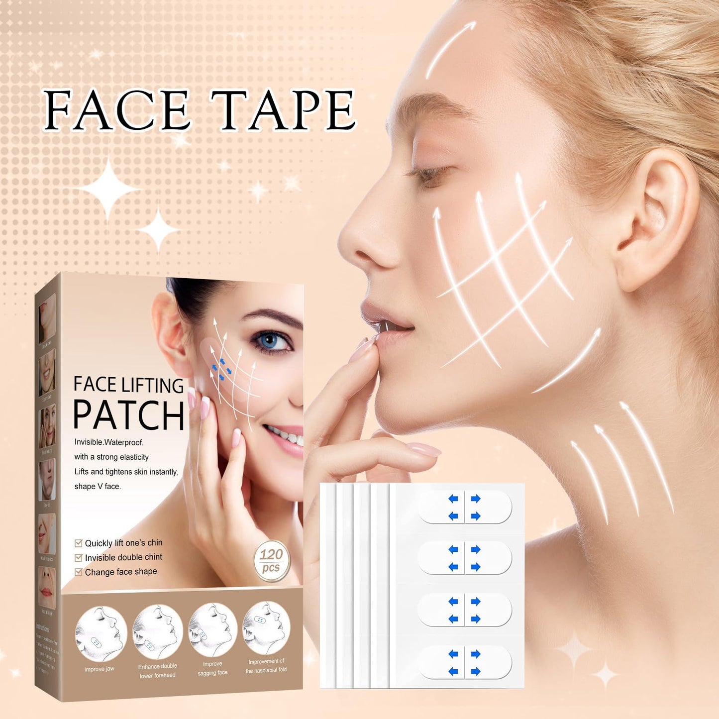 DOOCECIY 120 PCS Face Tape Lift Invisible, Waterproof Facial Neck Tape for Saggy Neck