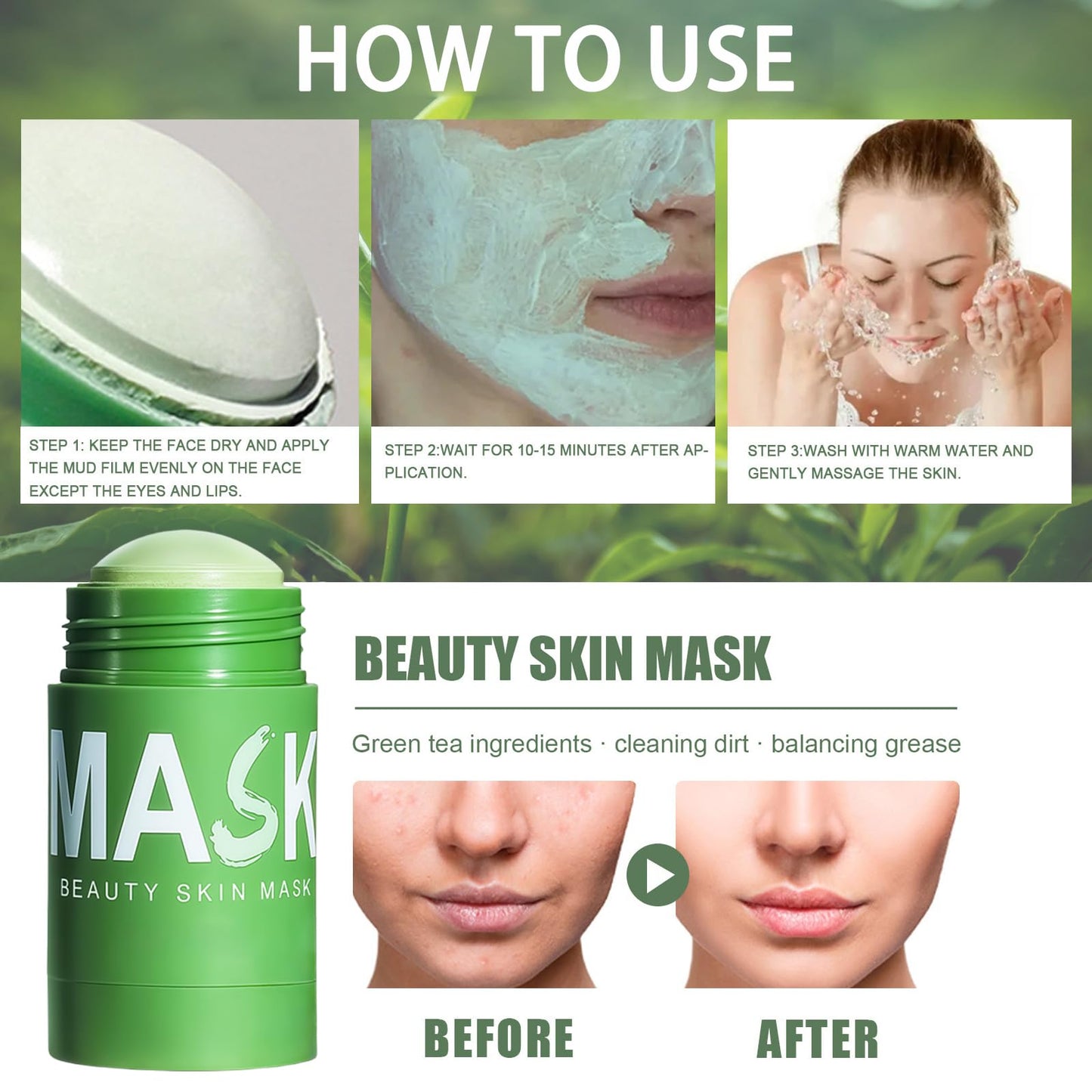 AuraAnge 2 PCS – Green Mask Stick, Green Tea Deep Cleanse Mask & Blackhead Remover for All Skin Types, Cleansing Facial Pores, Moisturizing and Oil Control, Men & Women