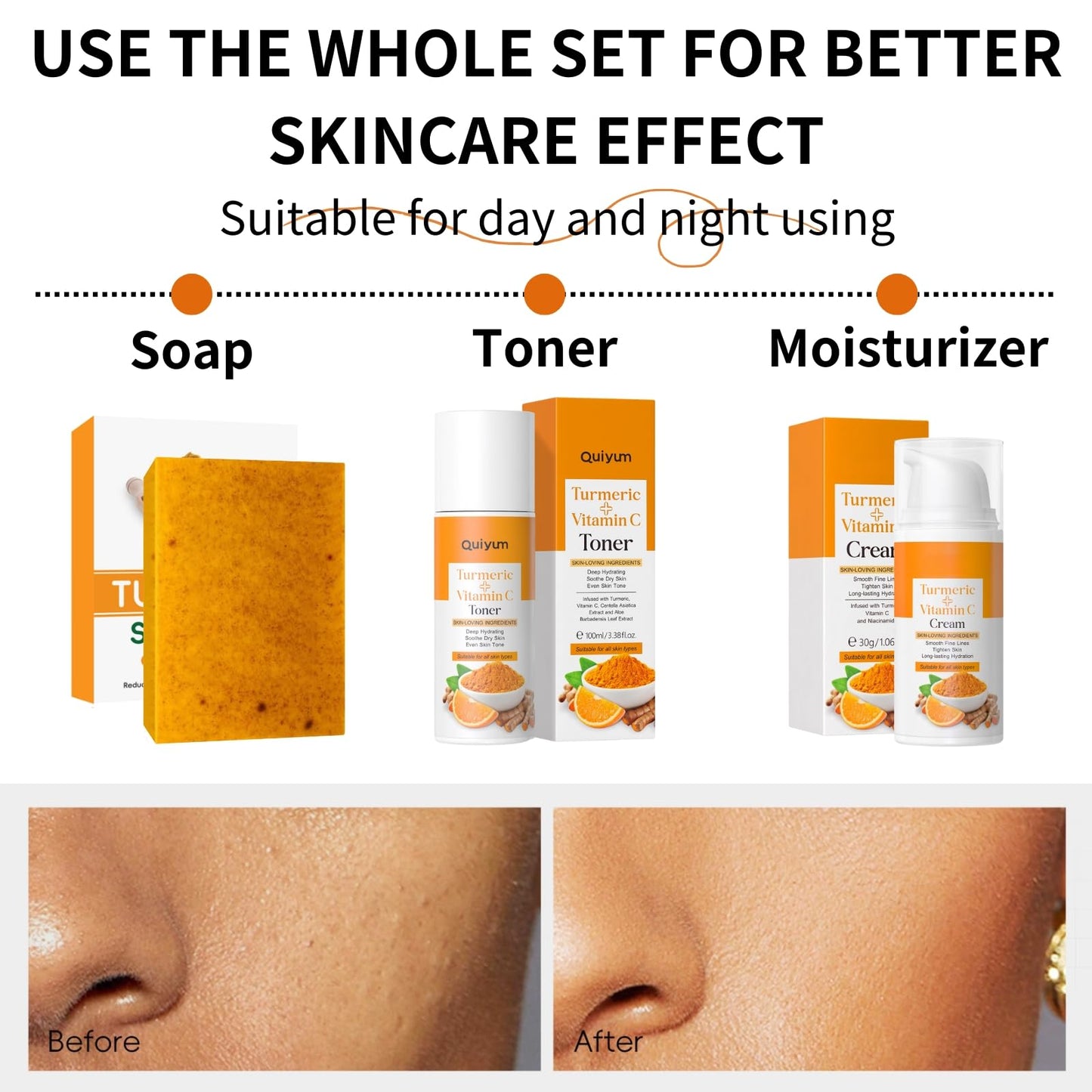 ISBEAUSOLS Turmeric Soap Bar Skin Care Set - Soap Bar with Face Toner & Face Cream - Natural Kojic Acid & Vitamin C - Dark Spot Remover for Even Skin Tone, Acne, Dark Spots - Deeply Hydrating & Firming (3pcs)