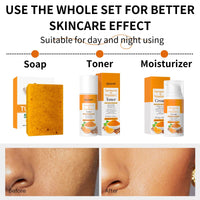 ISBEAUSOLS Turmeric Soap Bar Skin Care Set - Soap Bar with Face Toner & Face Cream - Natural Kojic Acid & Vitamin C - Dark Spot Remover for Even Skin Tone, Acne, Dark Spots - Deeply Hydrating & Firming (3pcs)