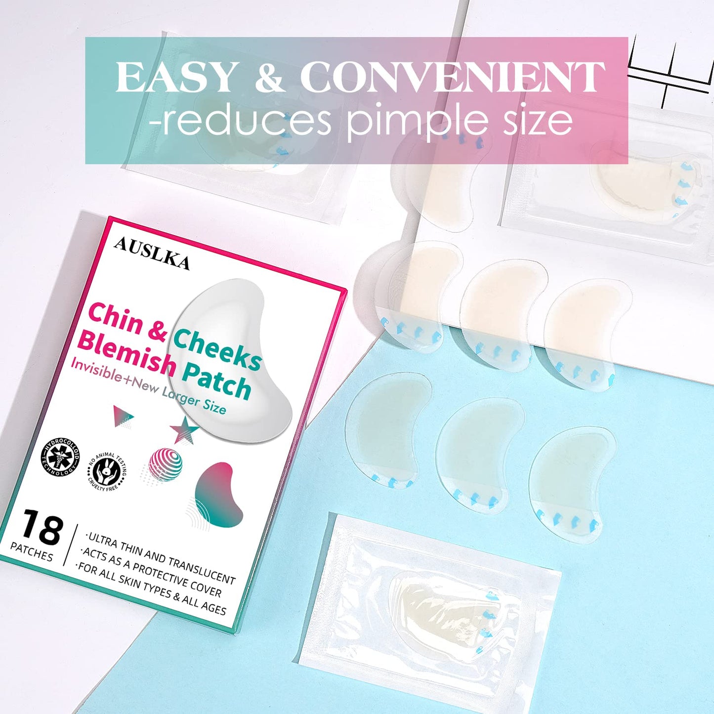 AUSLKA Blemish Patches for Chin & Cheeks -18 Patches, Hydrocolloid Patch - Blemish Patches - Zit Stickers - face Spot Dots - Zit Breakouts