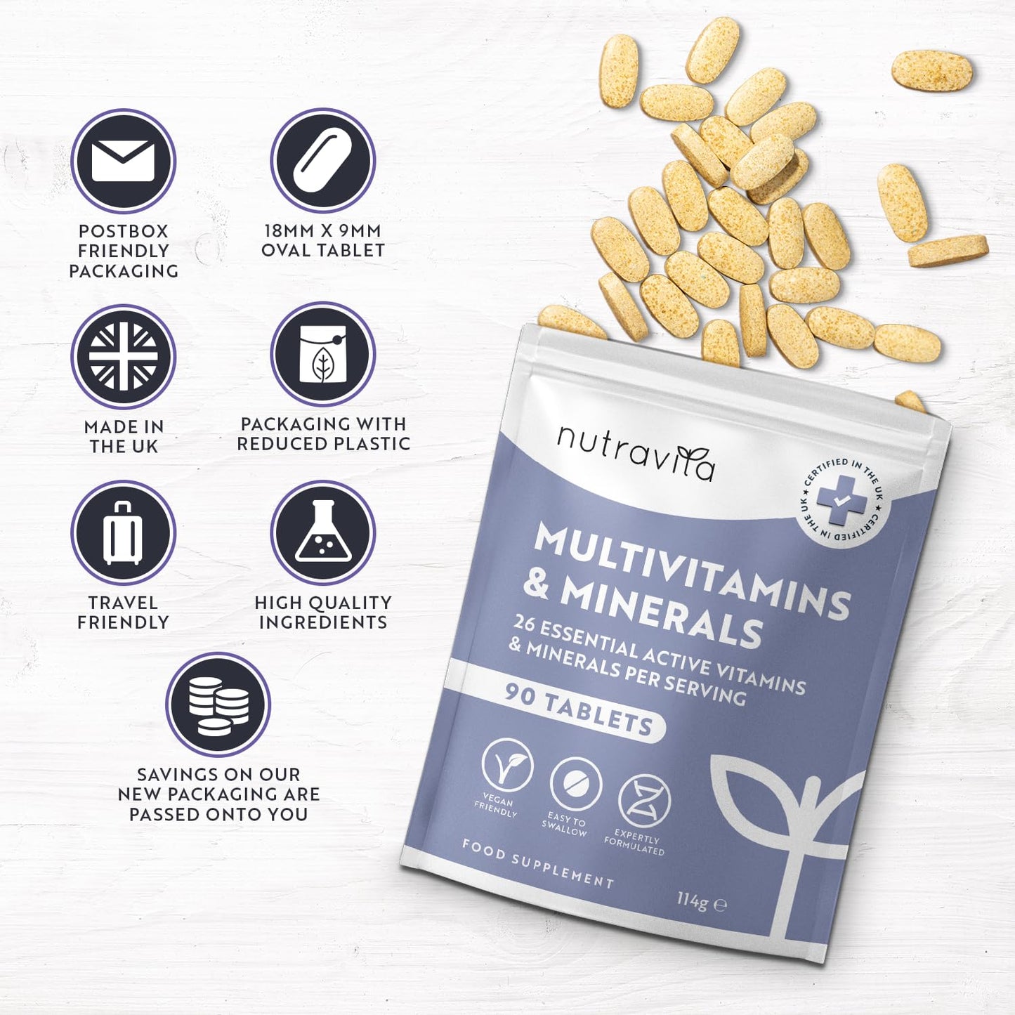 Multivitamin Tablets for Men & Women - 26 Essential Active Vitamins & Minerals with Vitamin C, D, Iron, and Zinc - 90 Vegan Multi Vitamin Tablets for a 3 Month Supply - Made in The UK - Nutravita