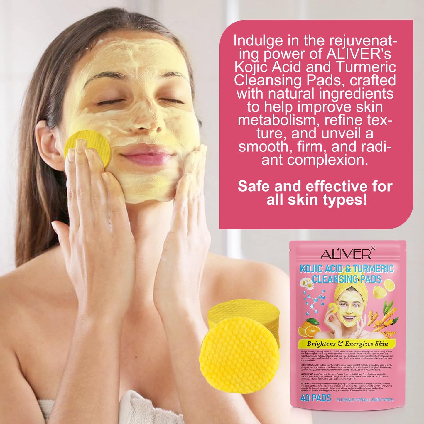 Generic Turmeric Kojic Acid Cleansing Pads 40Pcs, Turmeric Exfoliating Foaming Pads, Fight Acne, Balance Skin Oil And Water, Lighten Blemishes, Brightens Skin Tone, Safe For Sensitive Skin