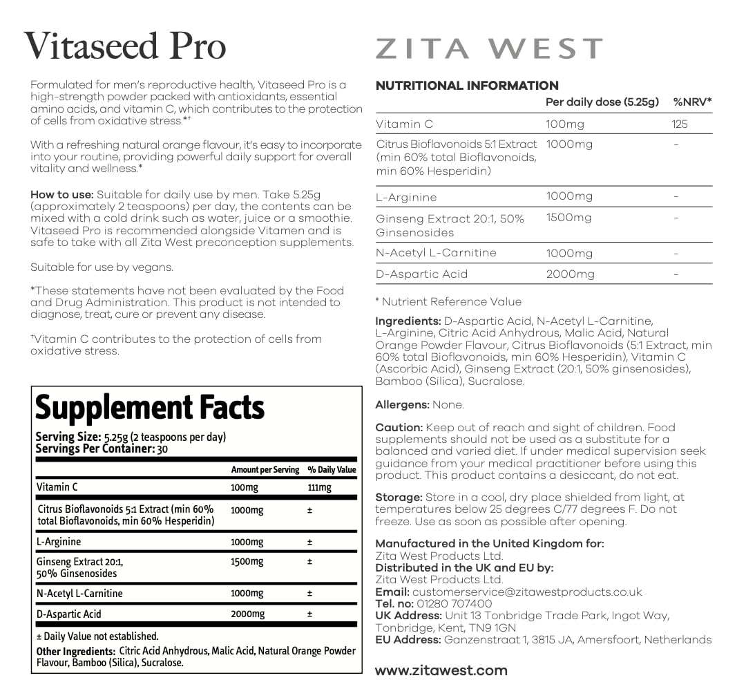 Zita West Vitaseed Pro – Male Fertility Supplement Powder with Antioxidants & Amino Acids – Supports Reproductive Cell Count, Motility & Energy - 30 Servings (1 Month Supply)