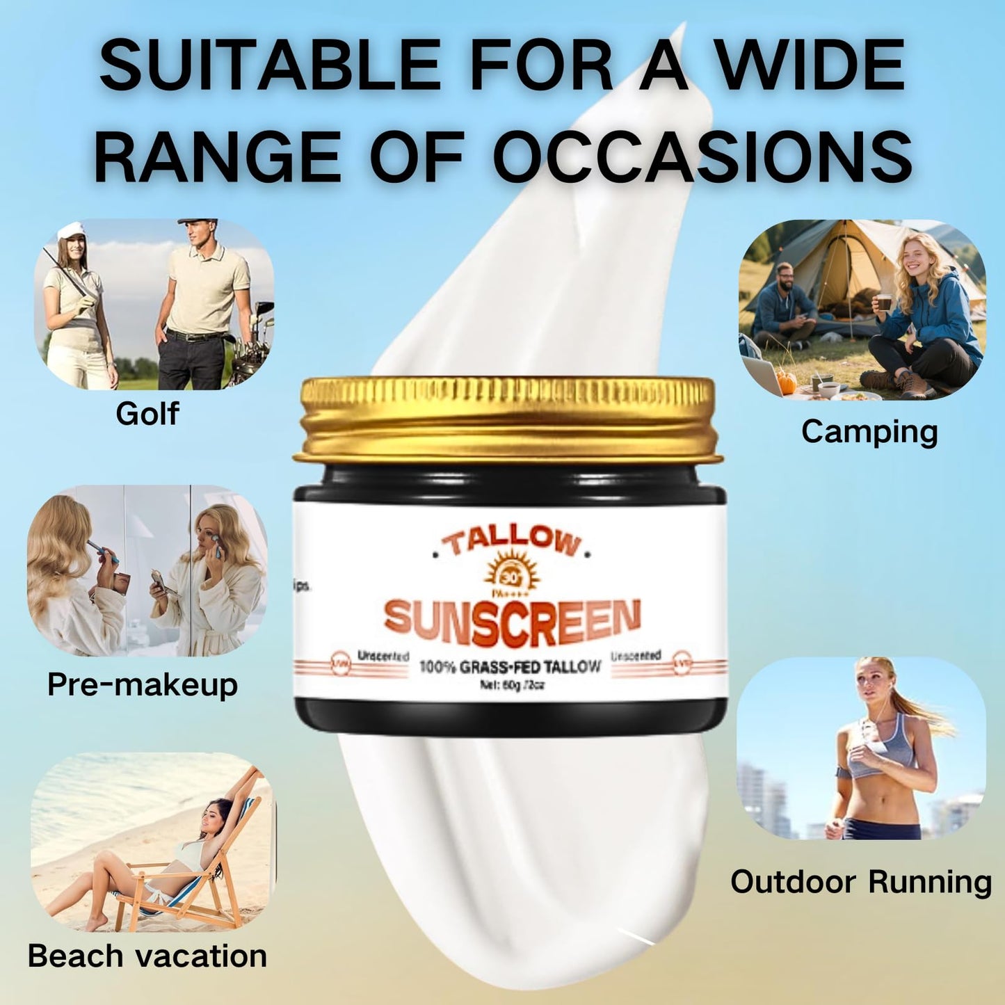 TBeautfave Beef Tallow Sunscreen SPF 30 - Beef Tallow for Skin - 100% Organic Grass-Fed Beef Tallow Sunscreen for Face & Body - SPF 30 Face Moisturiser, Hydrating, Unscented, Sweat & Water Resistant