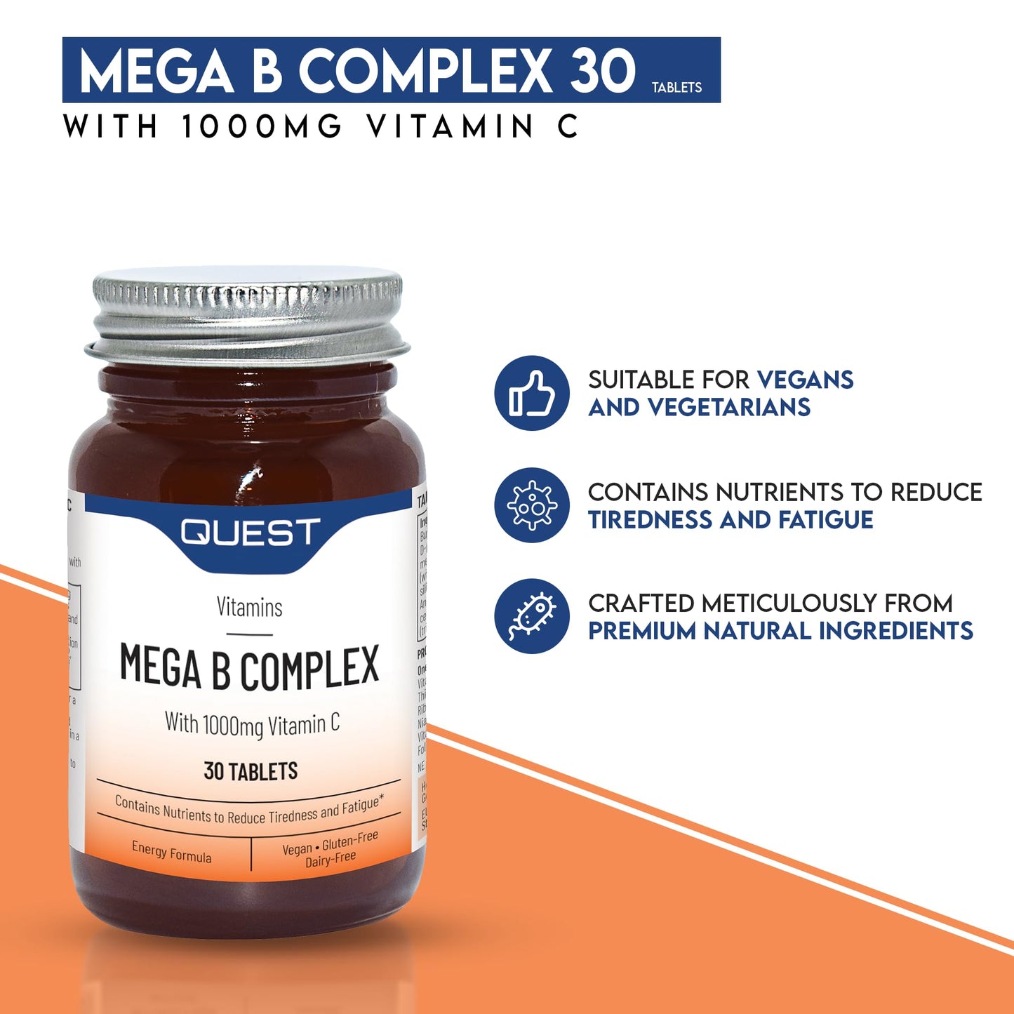 Quest Mega B Complex (30 Tablets) - Vitamin B Complex with 1000mg Vitamin C per Tablet. Nutrients & Vitamins to Reduce Tiredness & Fatigue. Supports Energy & Concentration Levels.