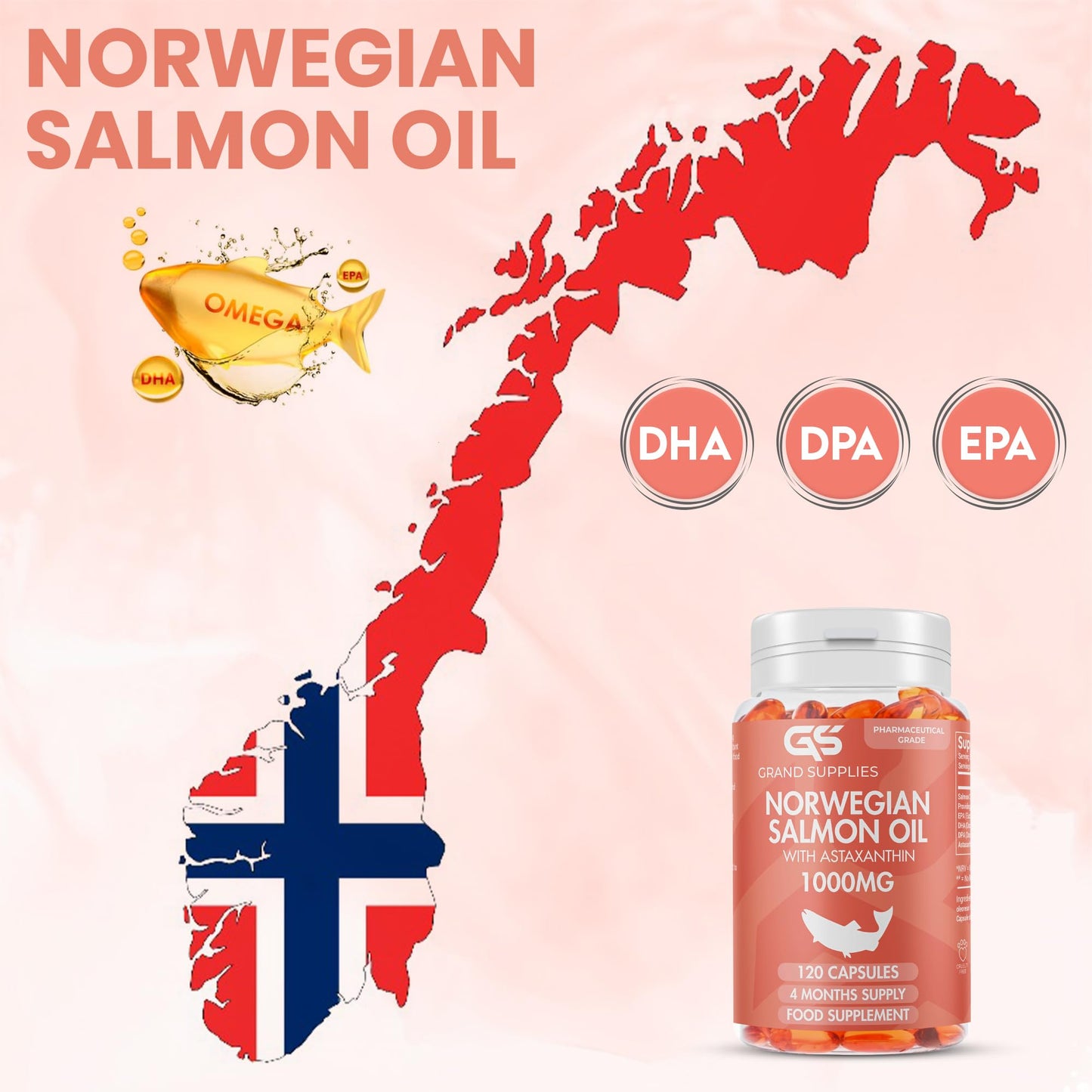 Norwegian Salmon Oil with Astaxanthin 1000mg - 4 Months / 120 Days Supply - Omega 3 6 9 Capsules High Strength - Rich in EPA, DHA & DPA, Burpless Taste